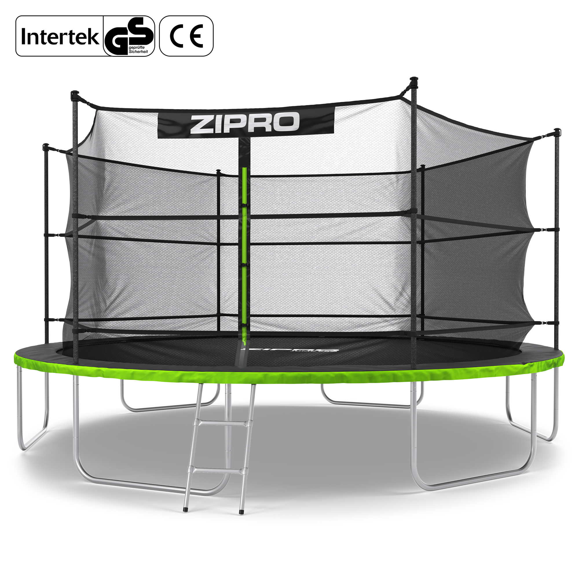 Trampolín con red de seguridad, escalera y cubierta de borde verde.