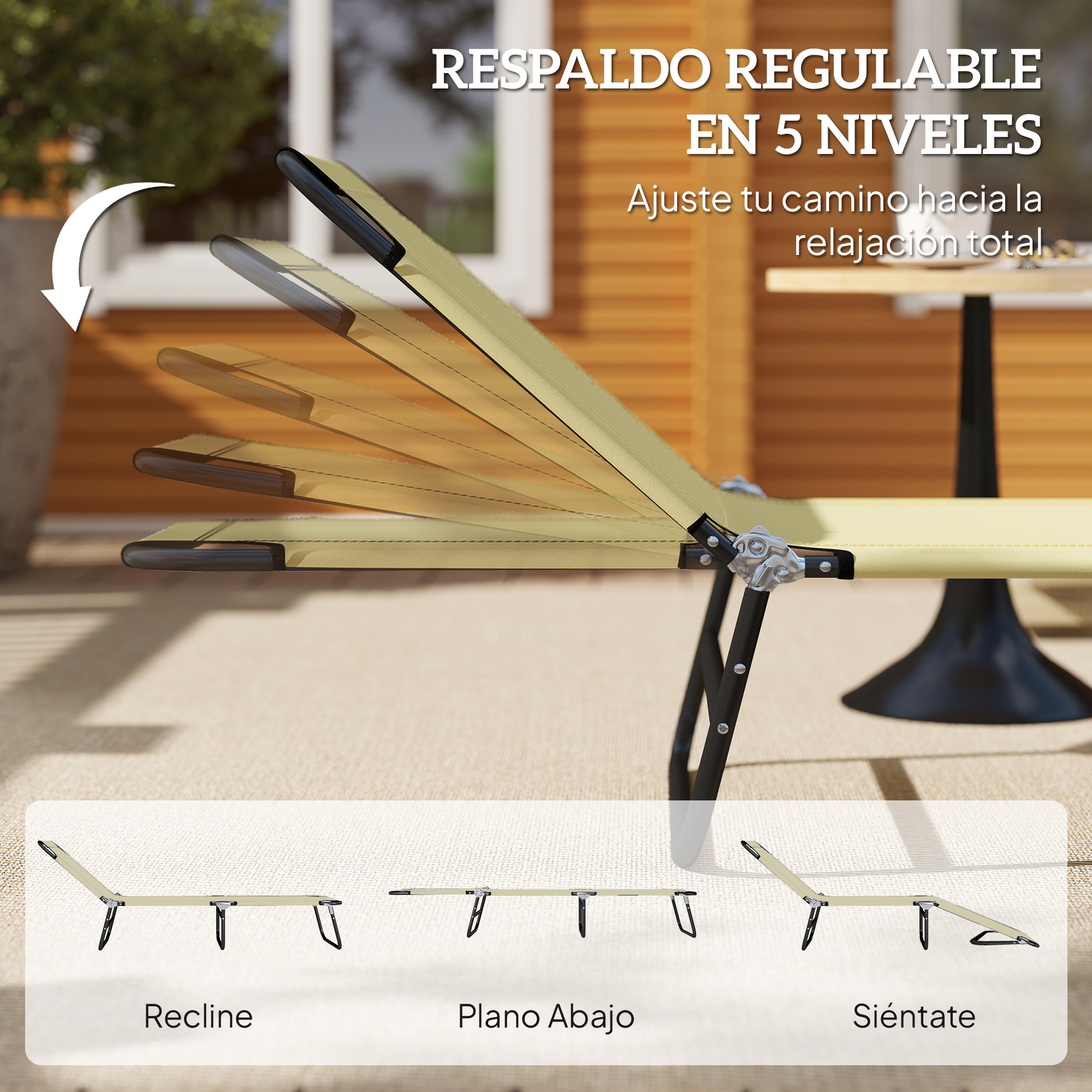 Respaldo ajustable en 5 niveles. Tumbona beige con patas negras en varias posiciones.