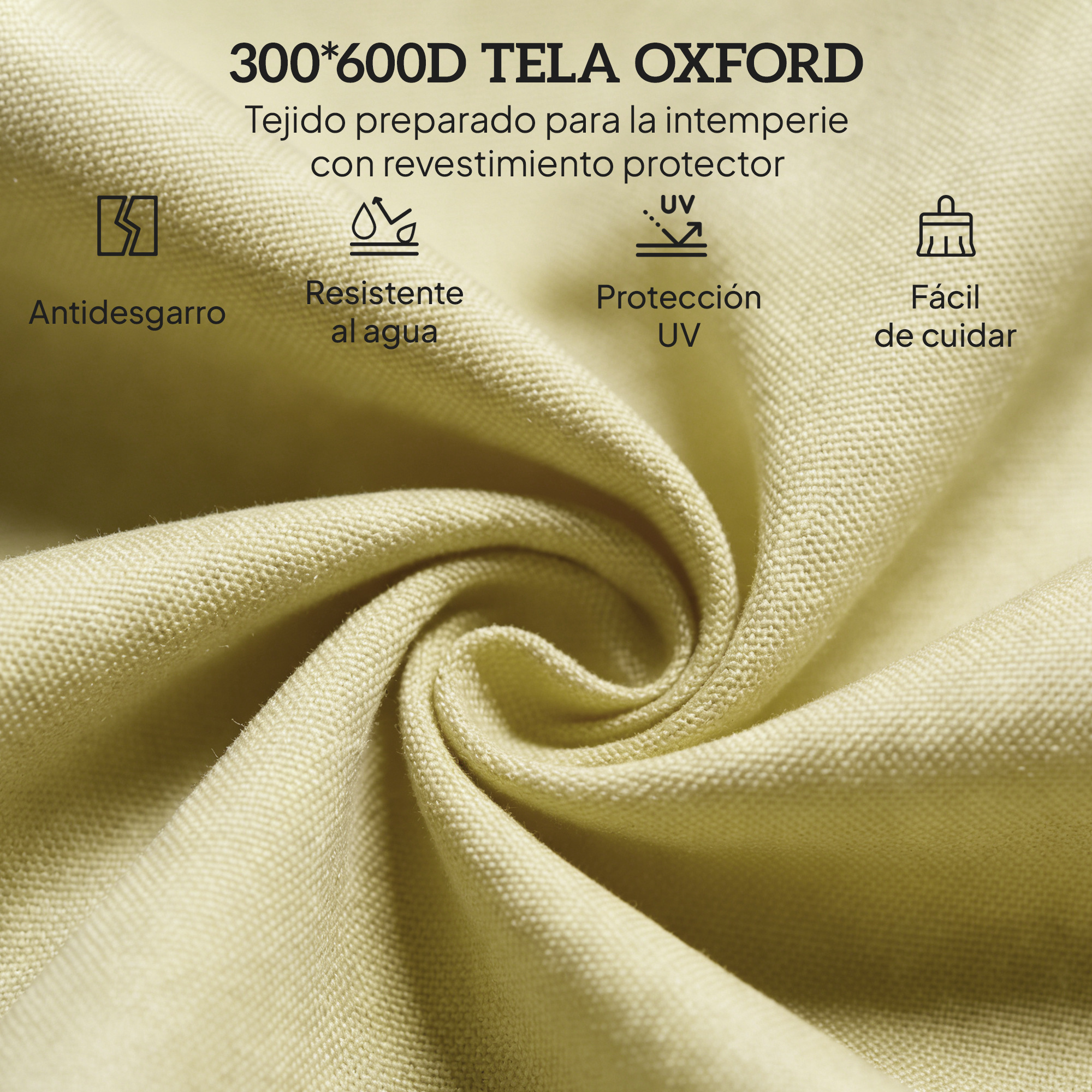 Tejido Oxford amarillo claro con iconos de resistencia al desgarro, al agua y protección UV.