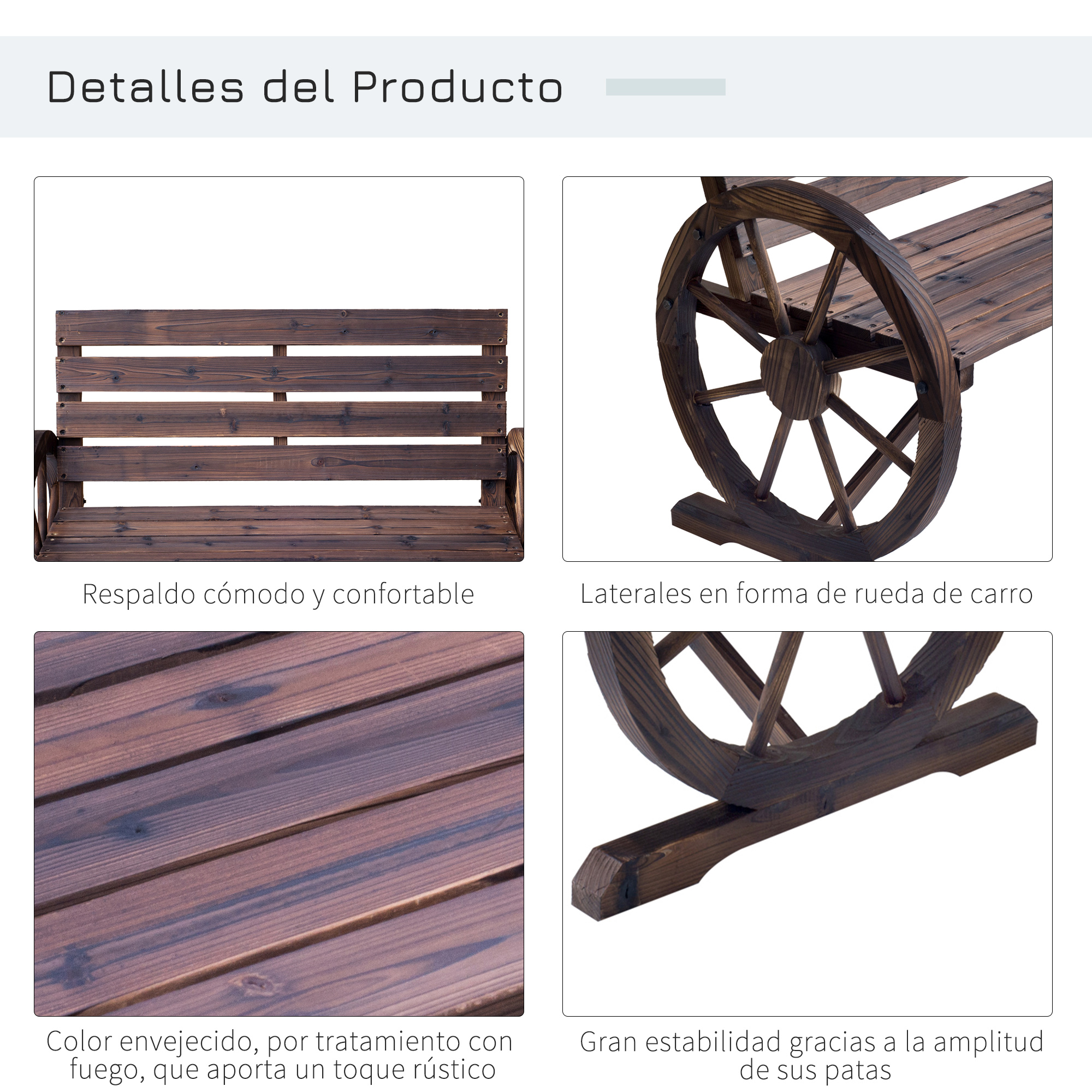 Columpio de madera con laterales de rueda, textura envejecida.