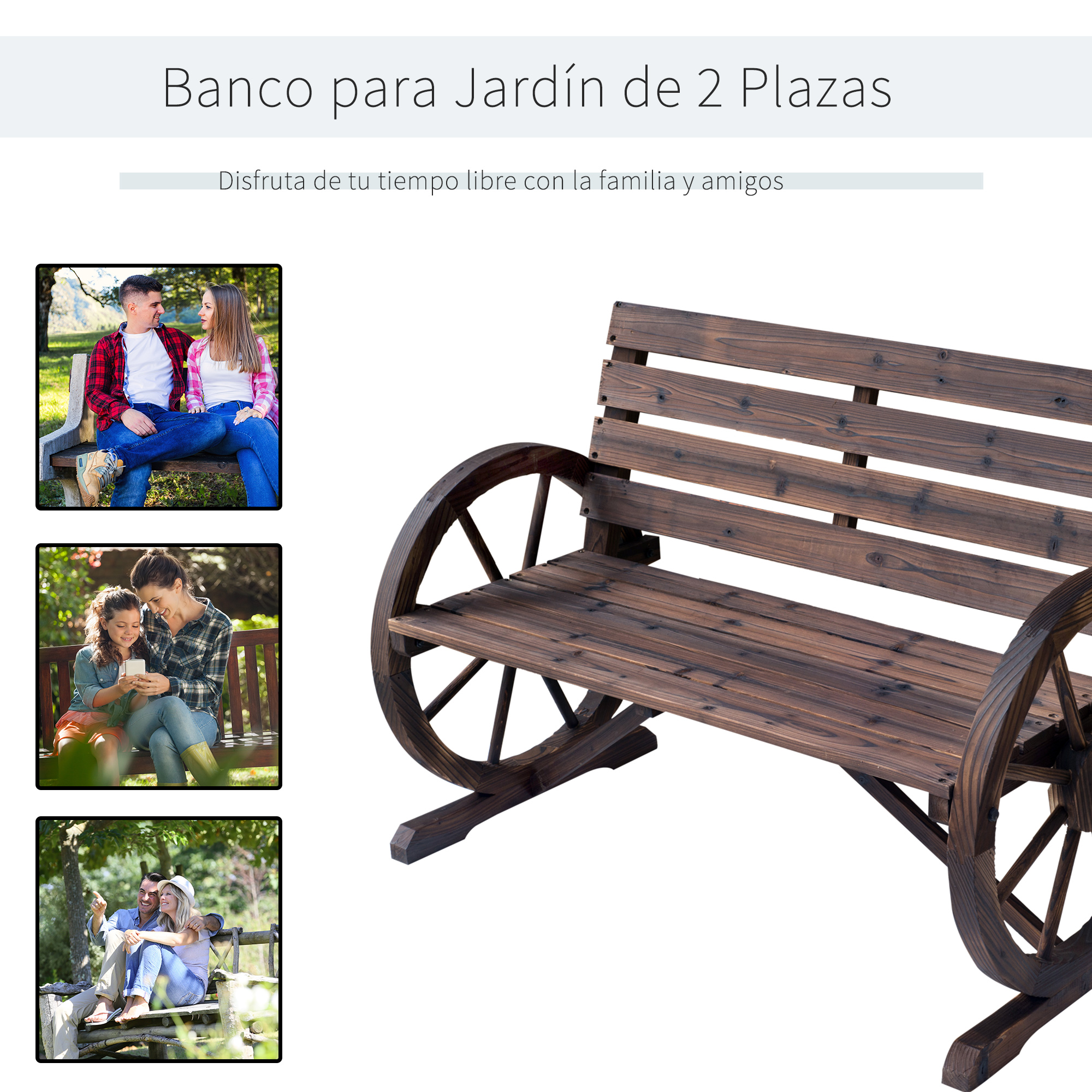 Banco de jardín de madera con ruedas, dos parejas en bancos.