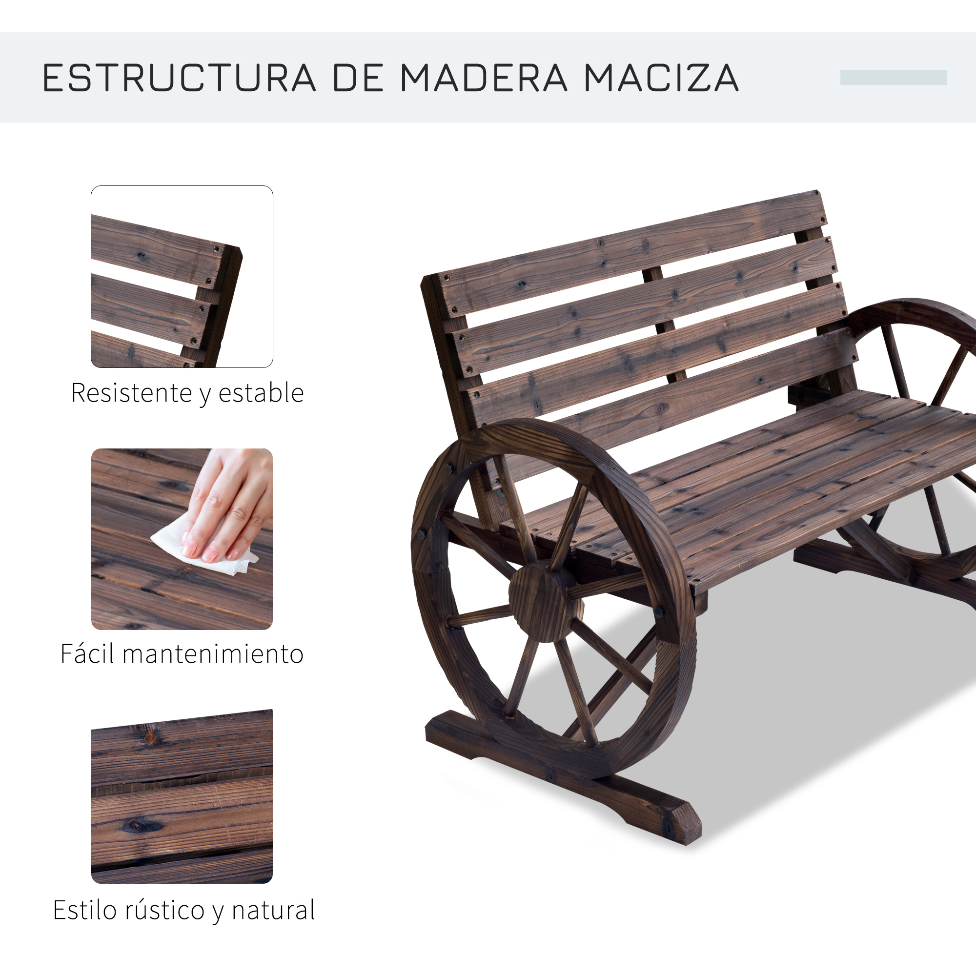 Banco rústico de madera con reposabrazos de rueda de carro sobre fondo blanco.