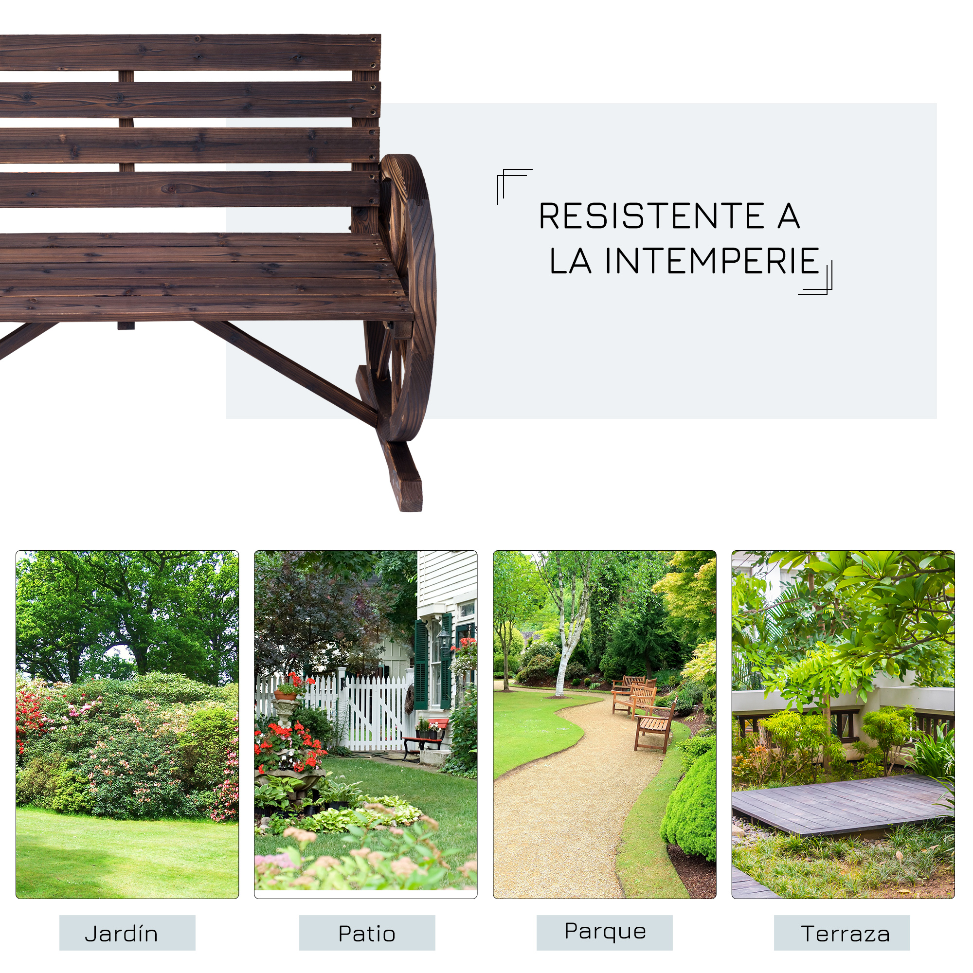 Banco de madera para exteriores con cuatro imágenes de jardín.