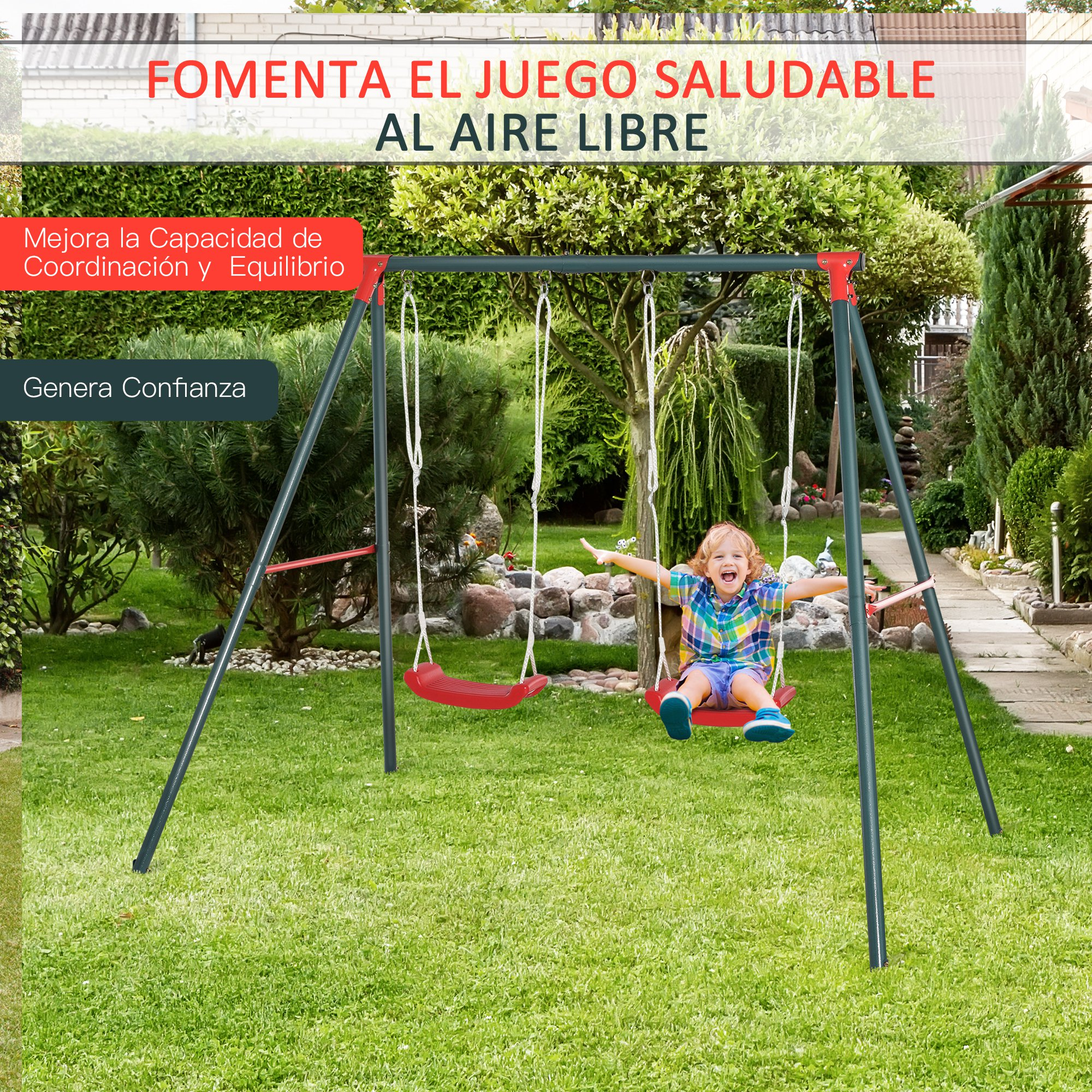 Un niño se columpia en un columpio en un jardín. El columpio es de metal con asientos rojos.