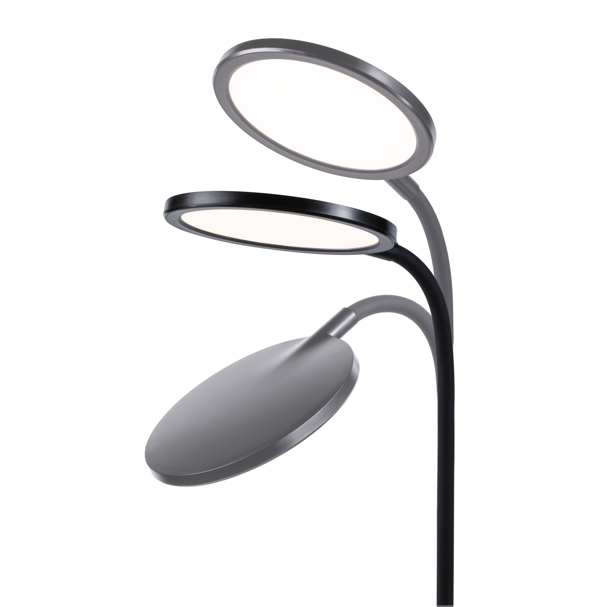 Trójgłowicowy model lampy podłogowej z owalnymi światłami na białym tle.