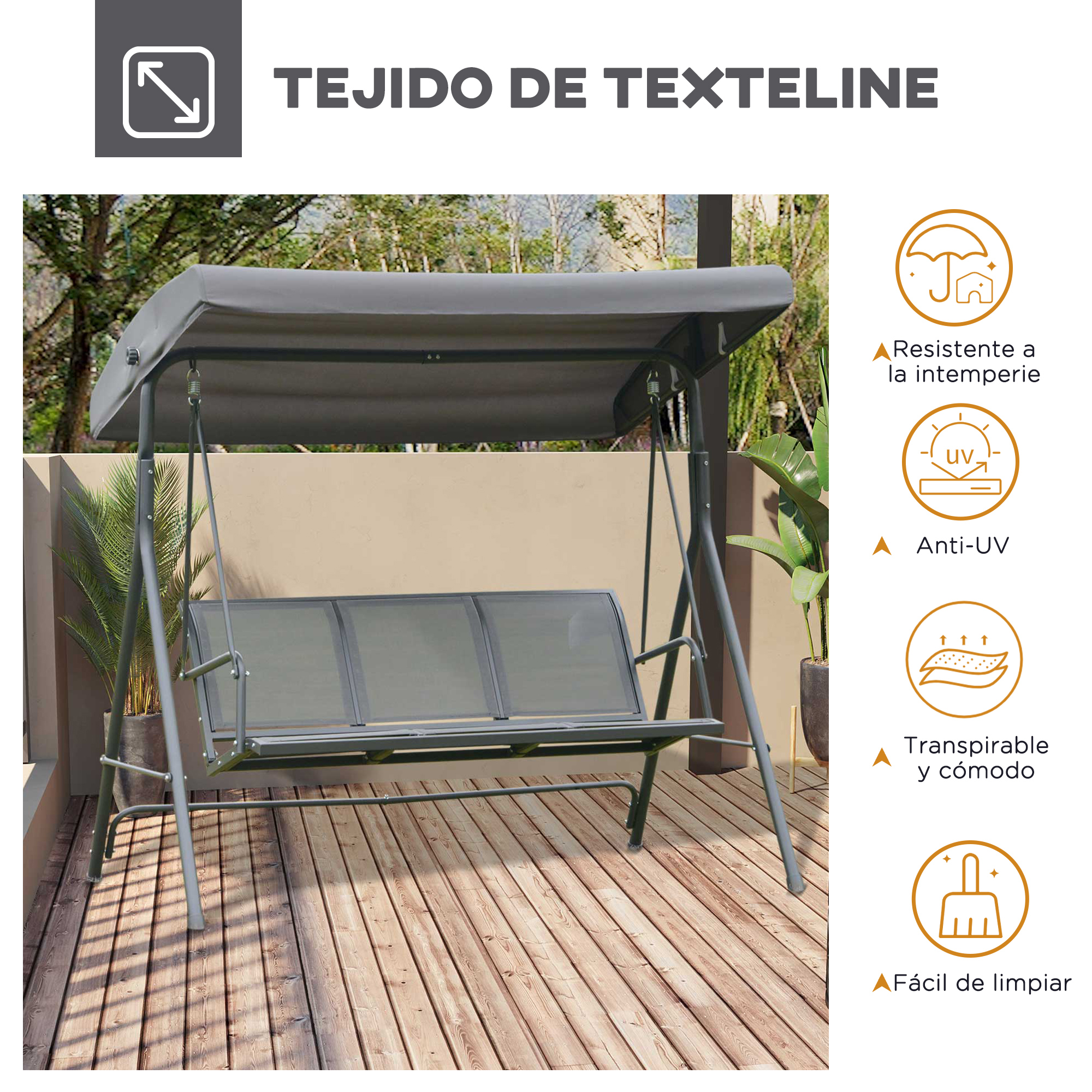 Un banco columpio de texteline gris con dosel sobre tarima de madera.