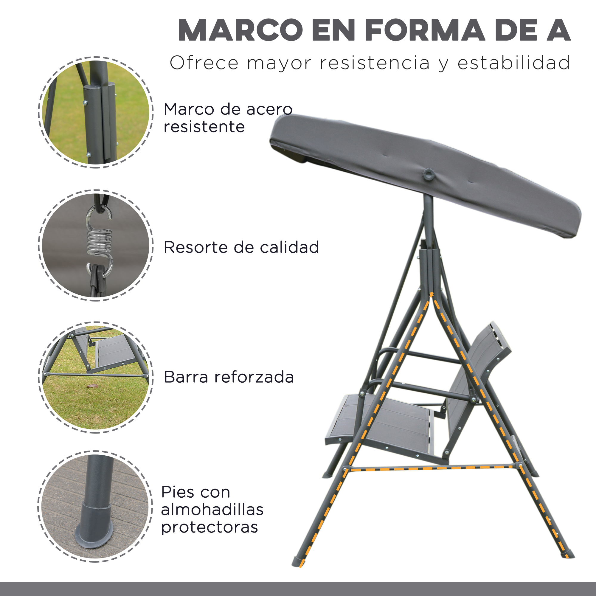Asiento de columpio gris con marco en A, resorte de calidad, barra reforzada y pies.