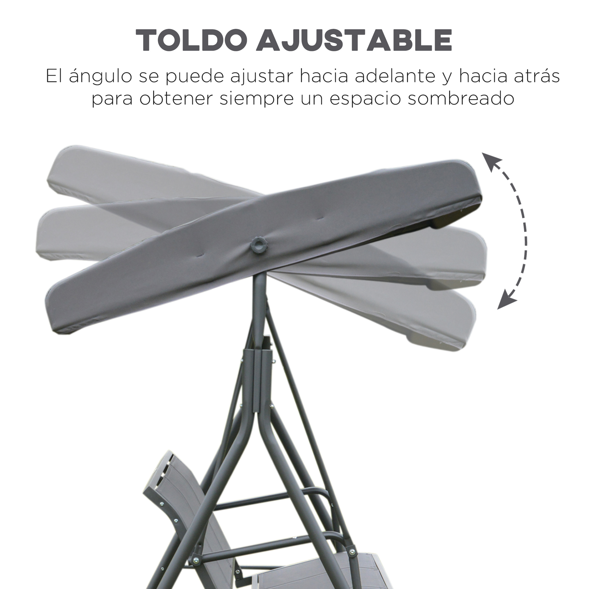 Toldo gris ajustable para columpio mostrado en varias posiciones.