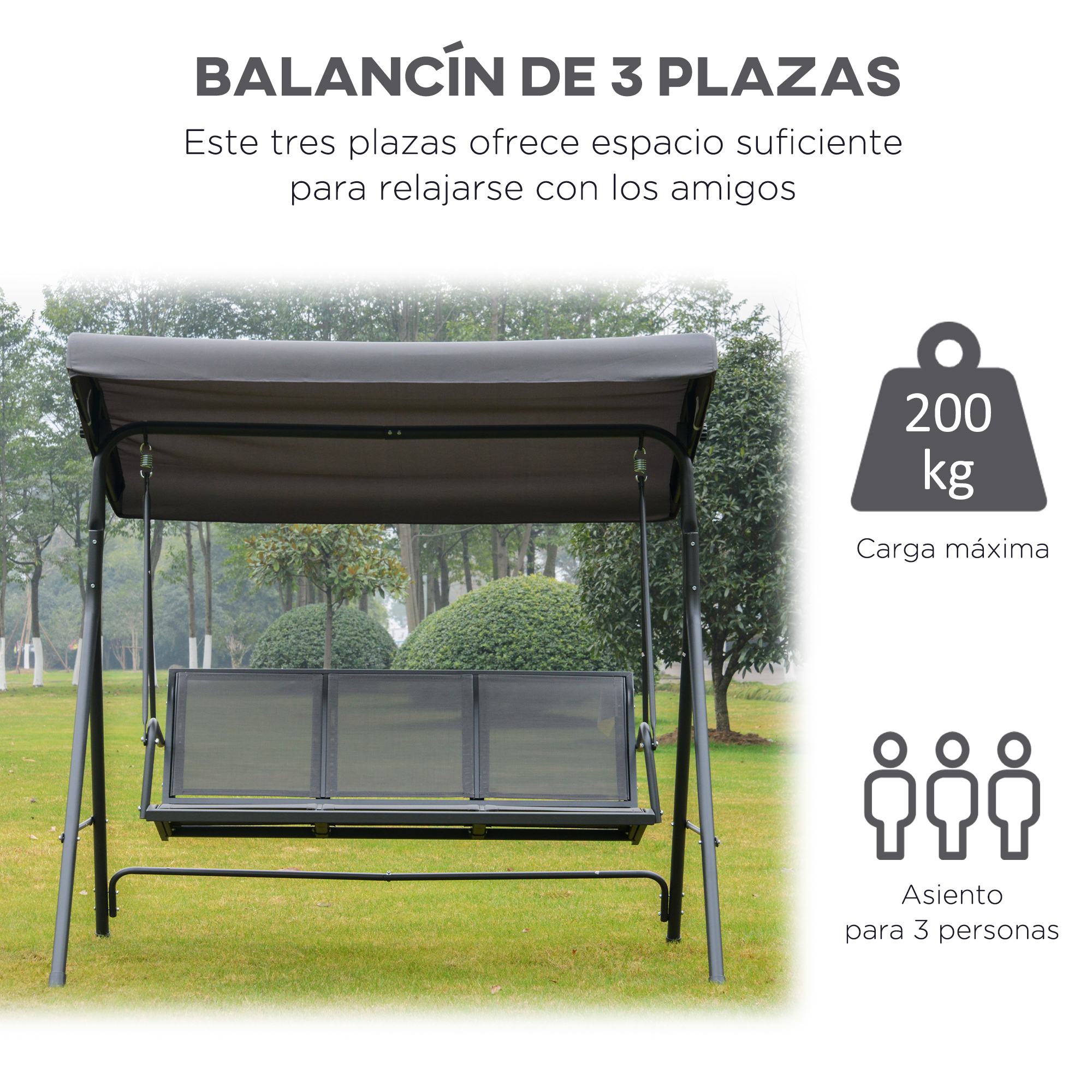 Un columpio de jardín gris de 3 plazas con dosel, al aire libre sobre césped.