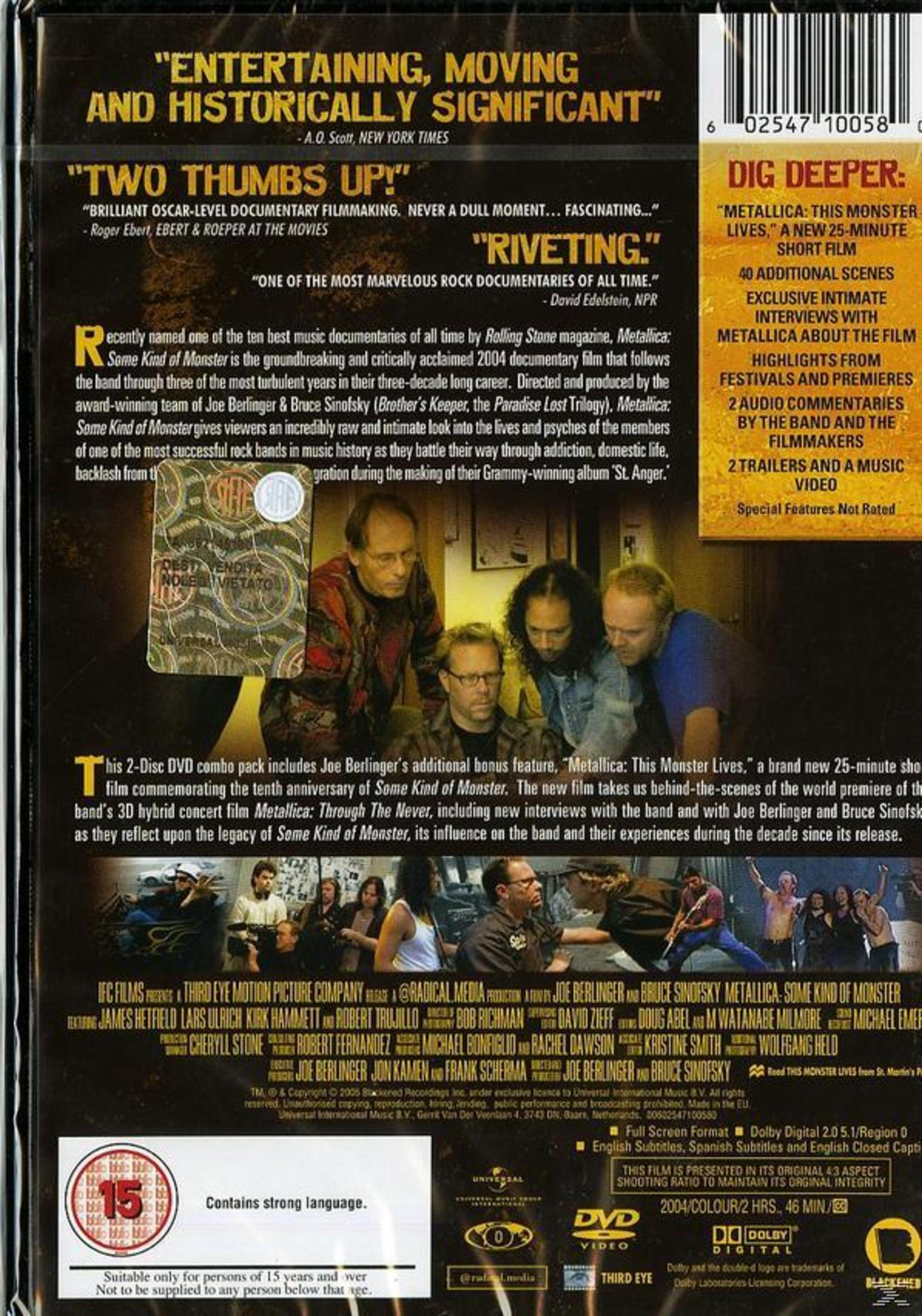 DVD-Rückseite: Metallica: Some Kind of Monster mit Bandmitgliedern und Text.