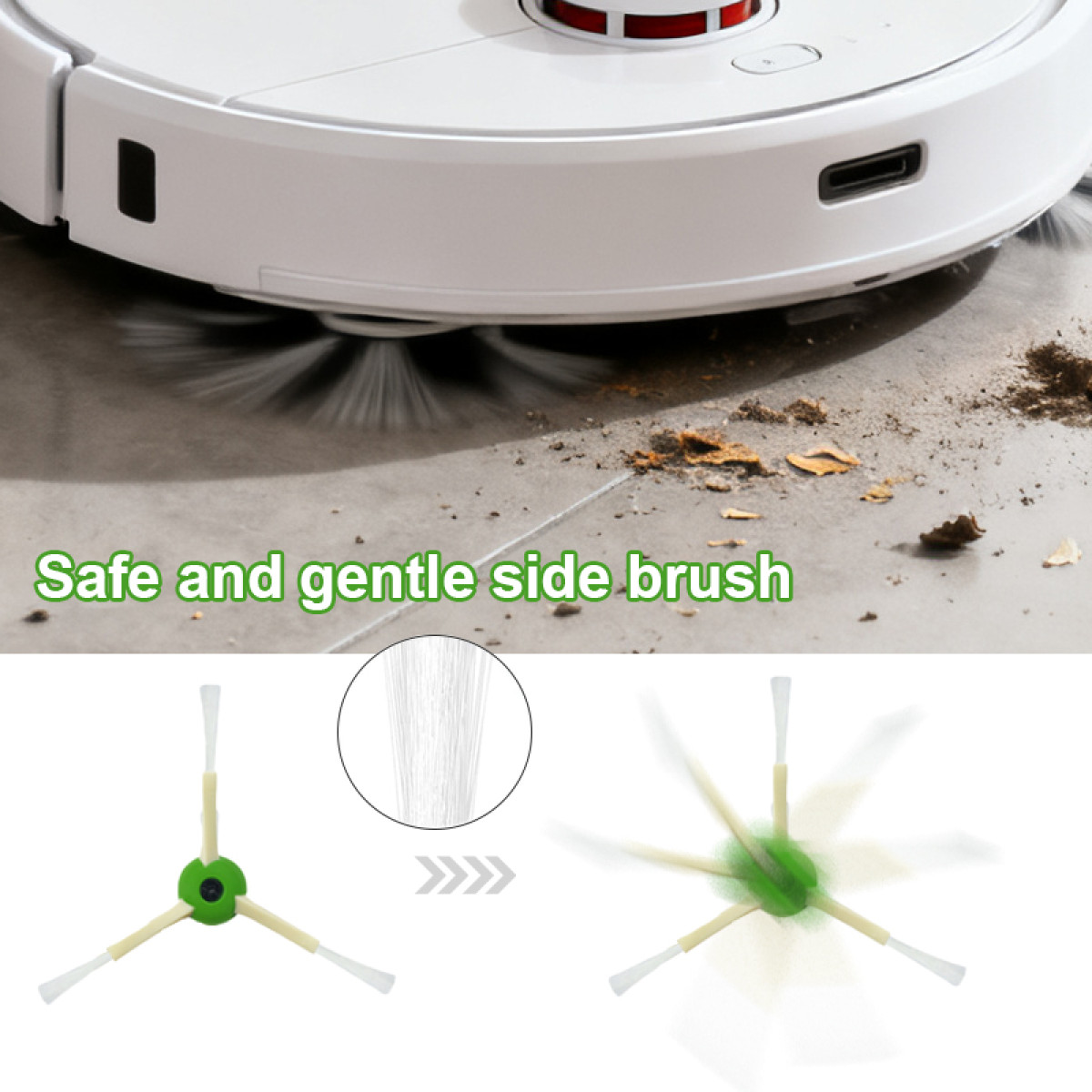 Szczotki boczne robota odkurzającego czyszczą podłogę.