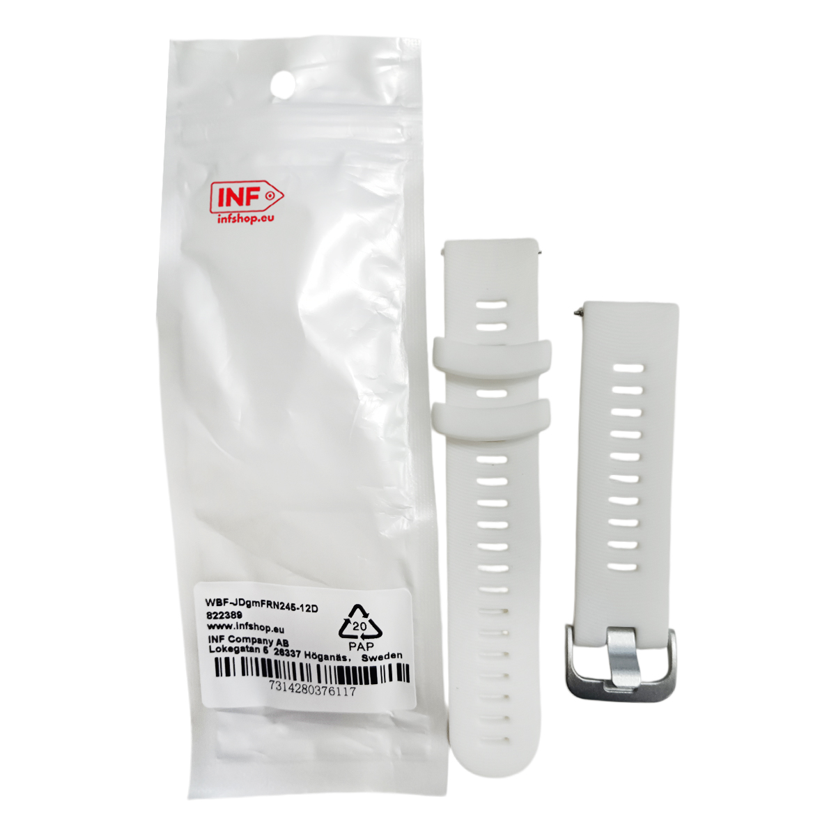 Biały pasek do zegarka z klamrą i opakowaniem.