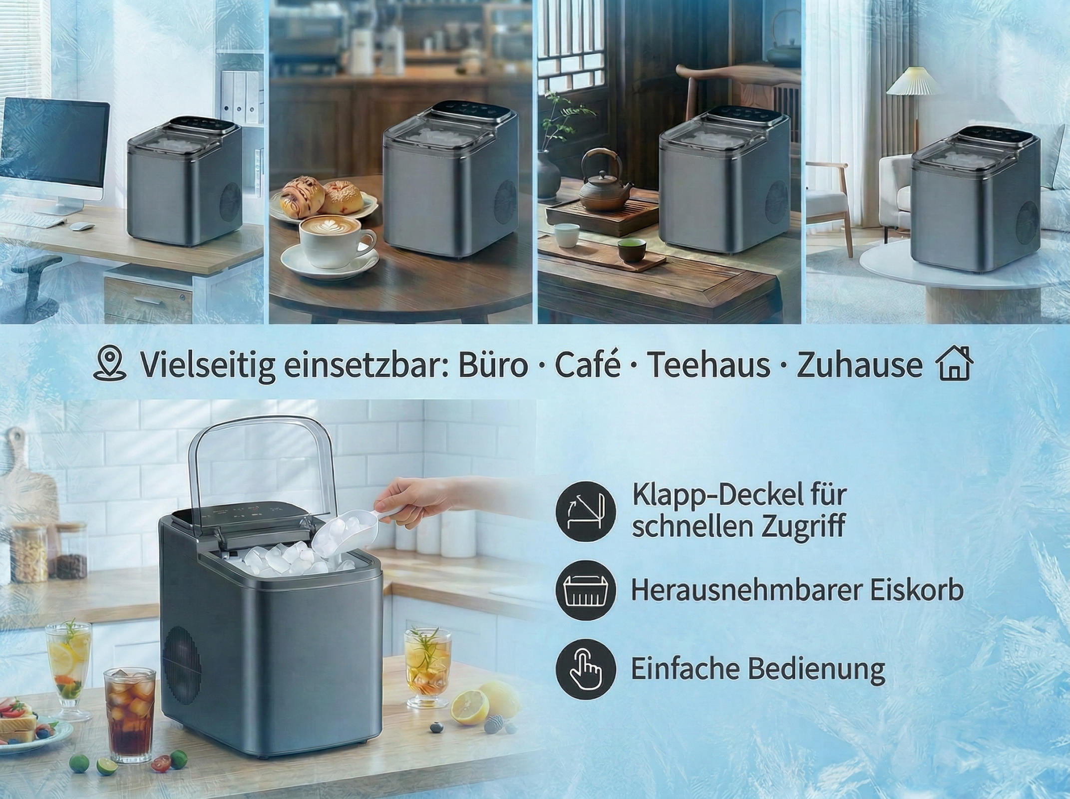 Vielseitige Eismaschine: Büro, Café, Teehaus, Zuhause. Klappdeckel.