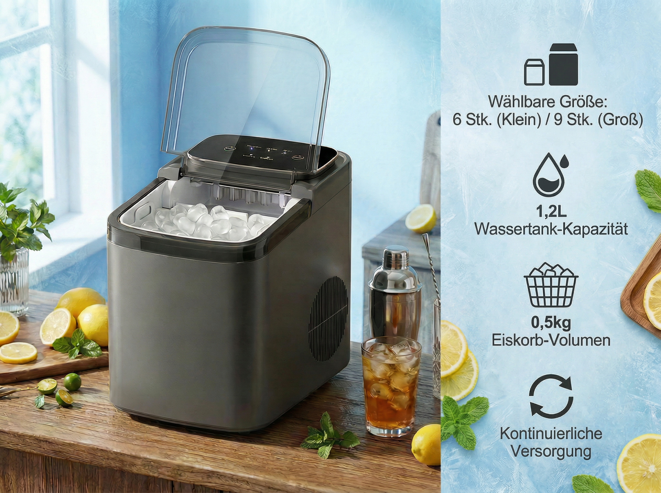 Eismaschine mit Eiswürfeln, Zitrone, Minze und Cocktailshaker.