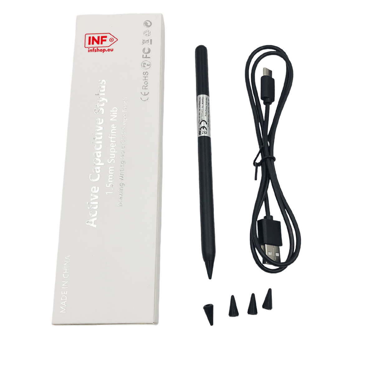 Aktiver kapazitiver Stift mit Kabel und Ersatzspitzen auf weißem Hintergrund.