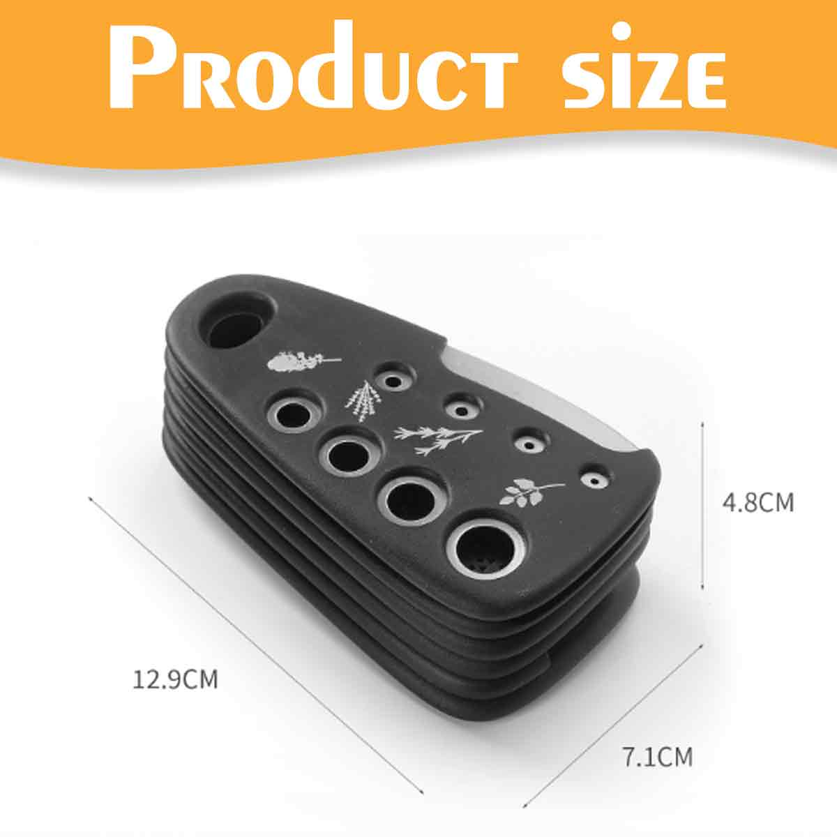 Schwarzes Werkzeug mit Größenangaben: 12,9 cm Länge, 7,1 cm Breite, 4,8 cm Höhe.