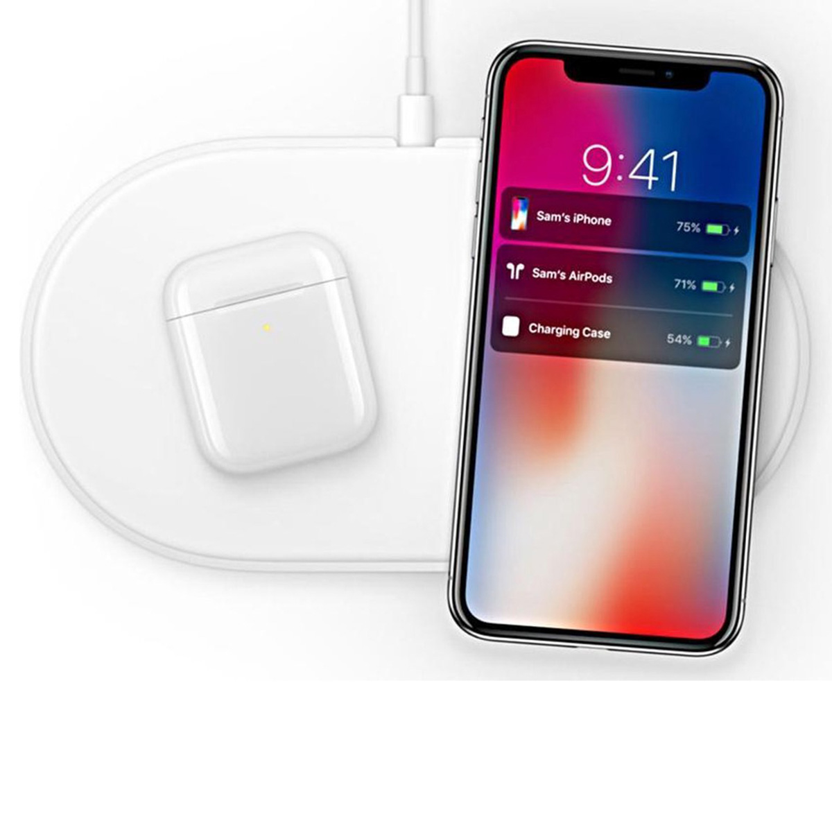 Ein iPhone lädt mit AirPods auf einer weißen Ladestation.