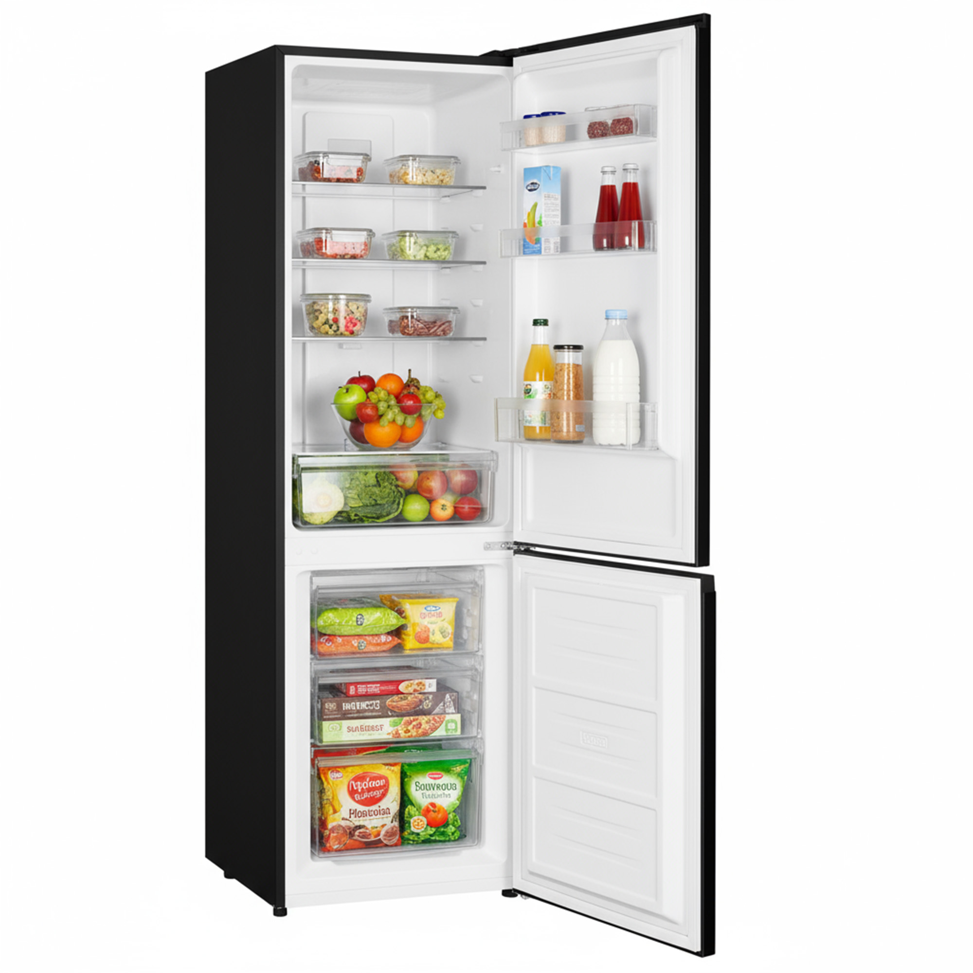 Een open zwarte koelkast gevuld met eten, fruit, groenten en dranken.