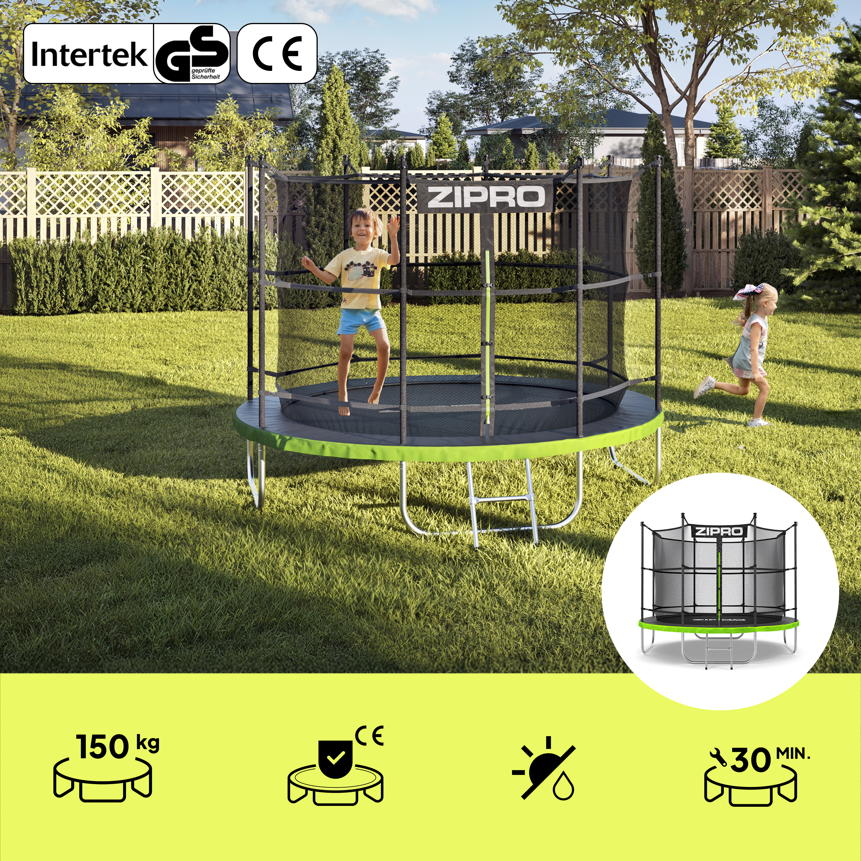Kinder auf einem Trampolin im Garten. Ein Junge springt, ein Mädchen rennt.