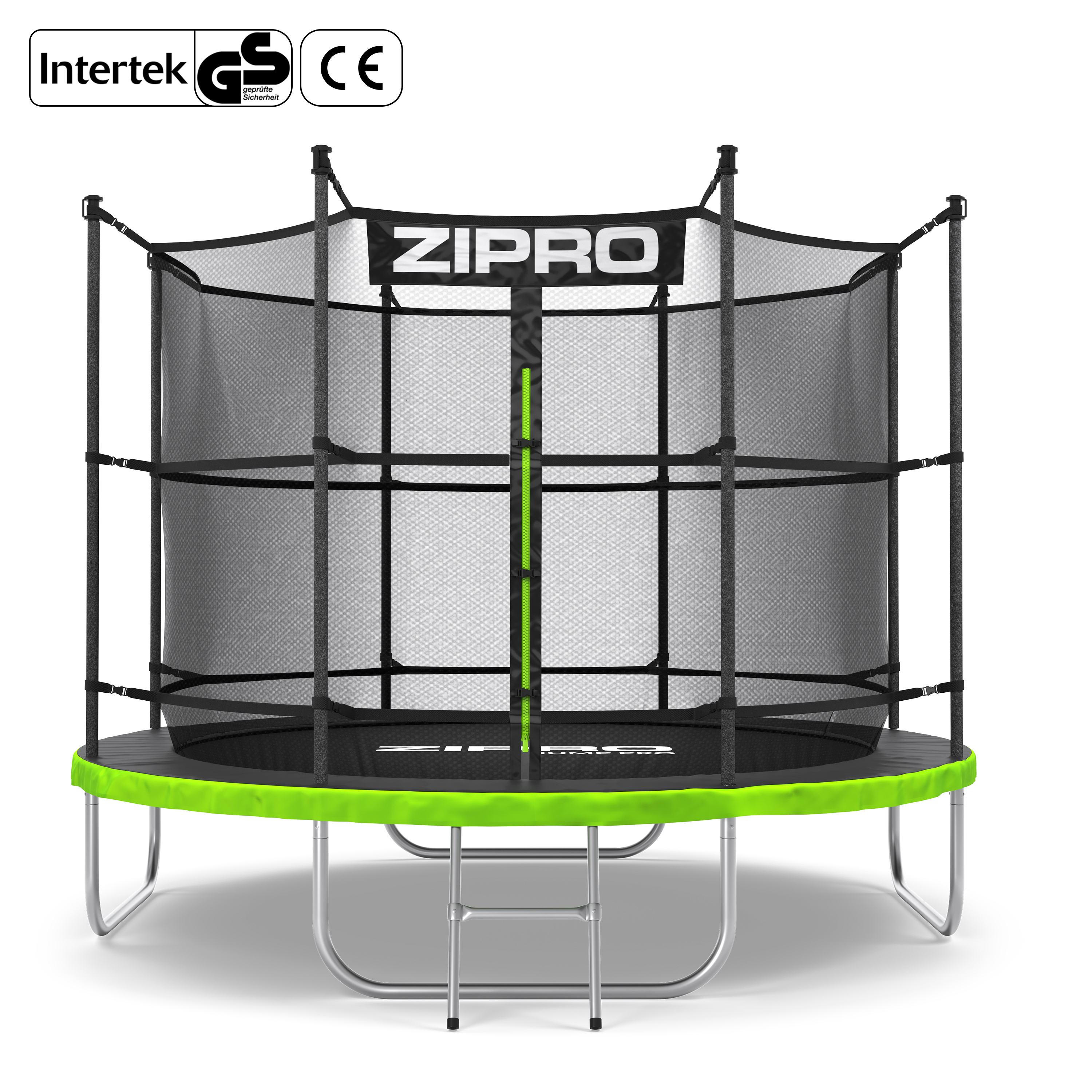 Un trampolín con red de seguridad y borde verde brillante.