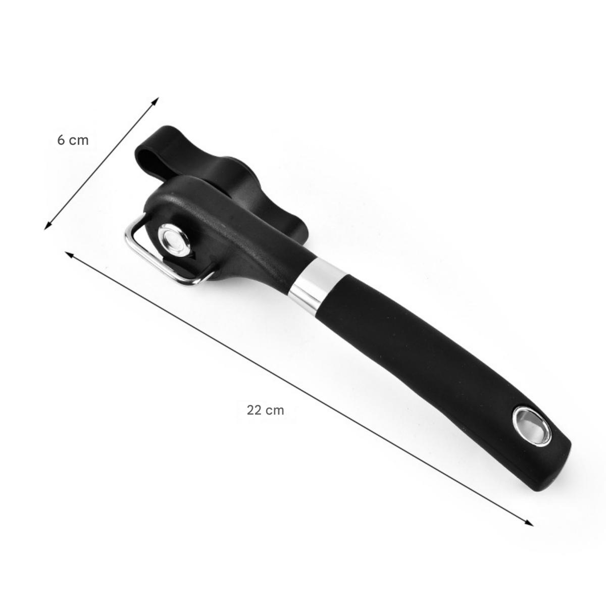 Ein schwarzer Dosenöffner mit silbernen Akzenten, 22 cm lang.
