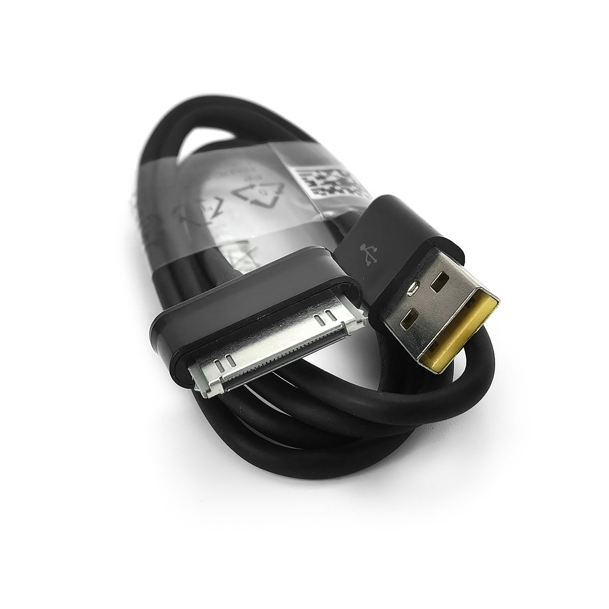 Czarny kabel USB ze złączami 30-pin i USB-A, zwinięty.