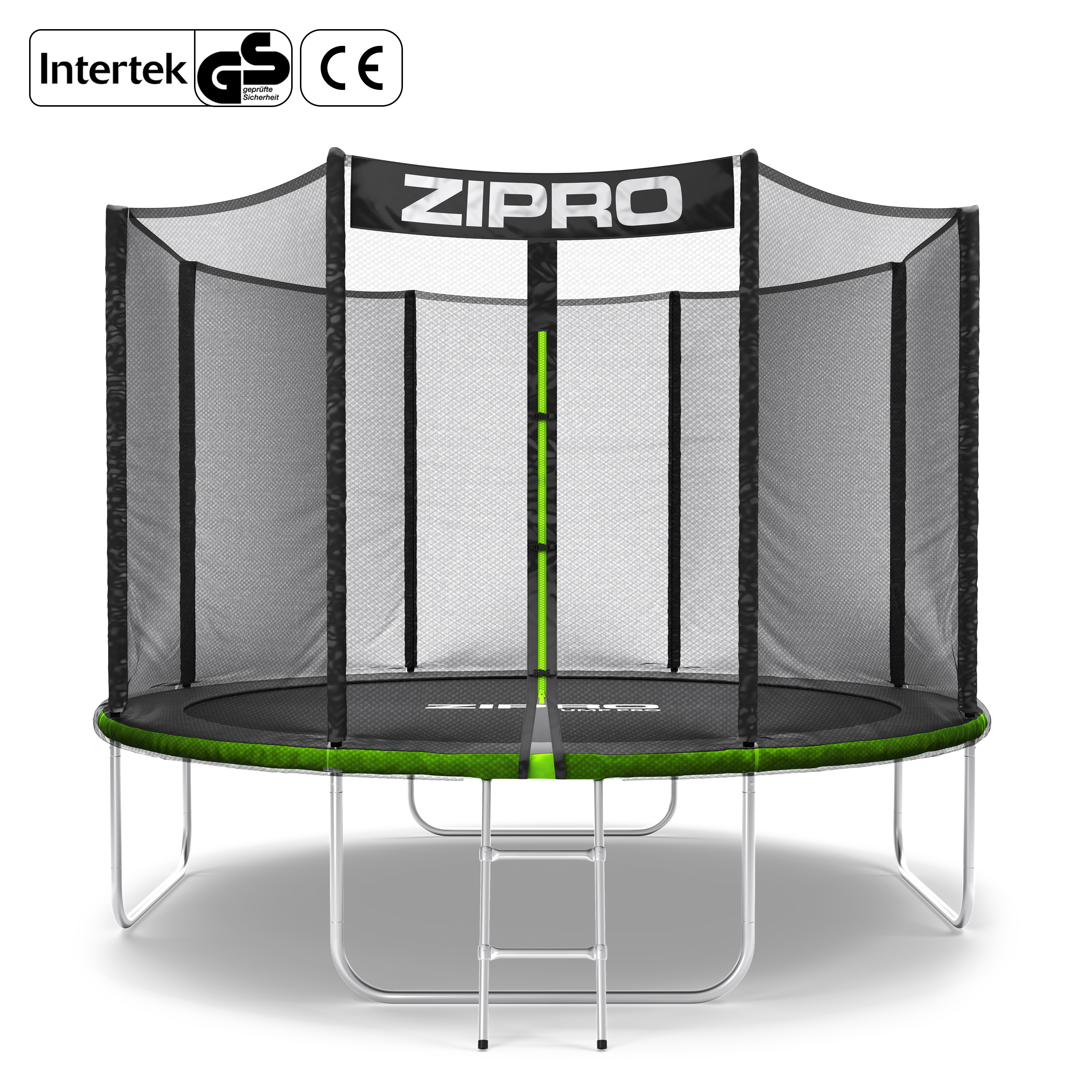 Trampolin mit Sicherheitsnetz und Leiter, schwarzer Sprungfläche, grüner Rand.