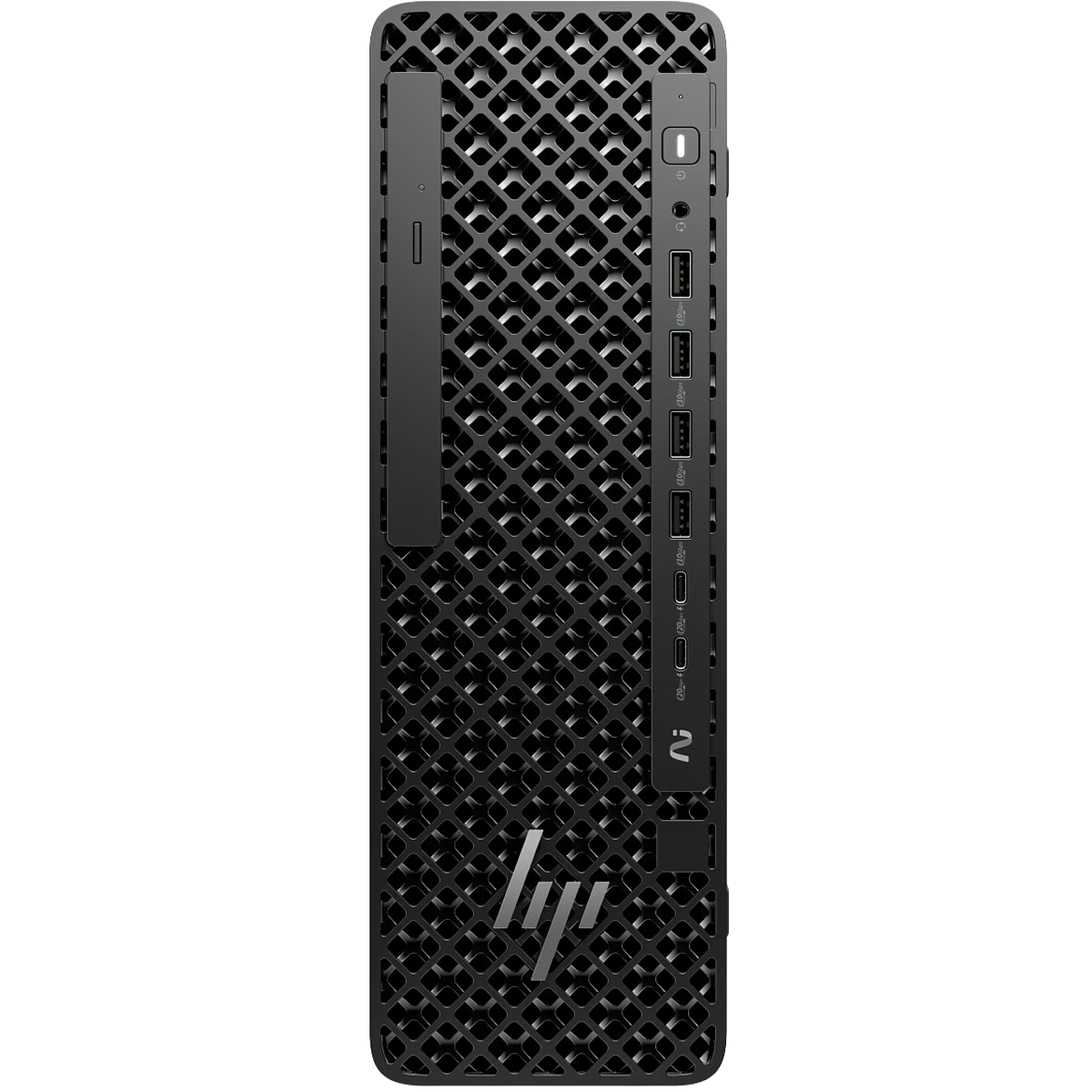 Computer desktop nero con frontale a griglia, porte USB e logo HP.