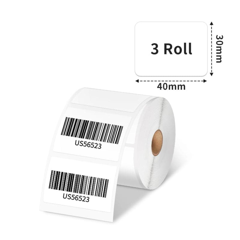 Un rotolo di etichette bianche con codice a barre, 40x30mm, con "US56523" su ogni etichetta.