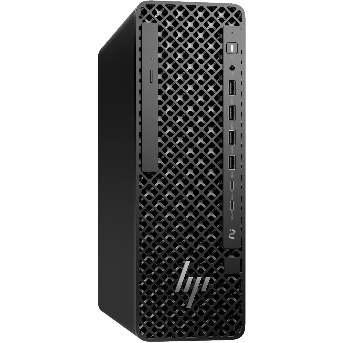 Computer desktop HP nero con griglia frontale e porte.