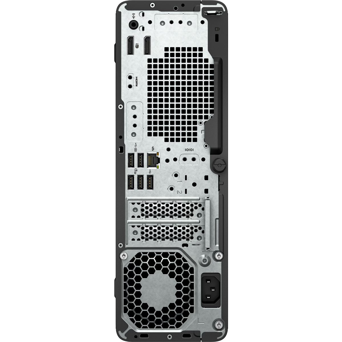 Retro di un computer con porte HDMI, USB e alimentazione.