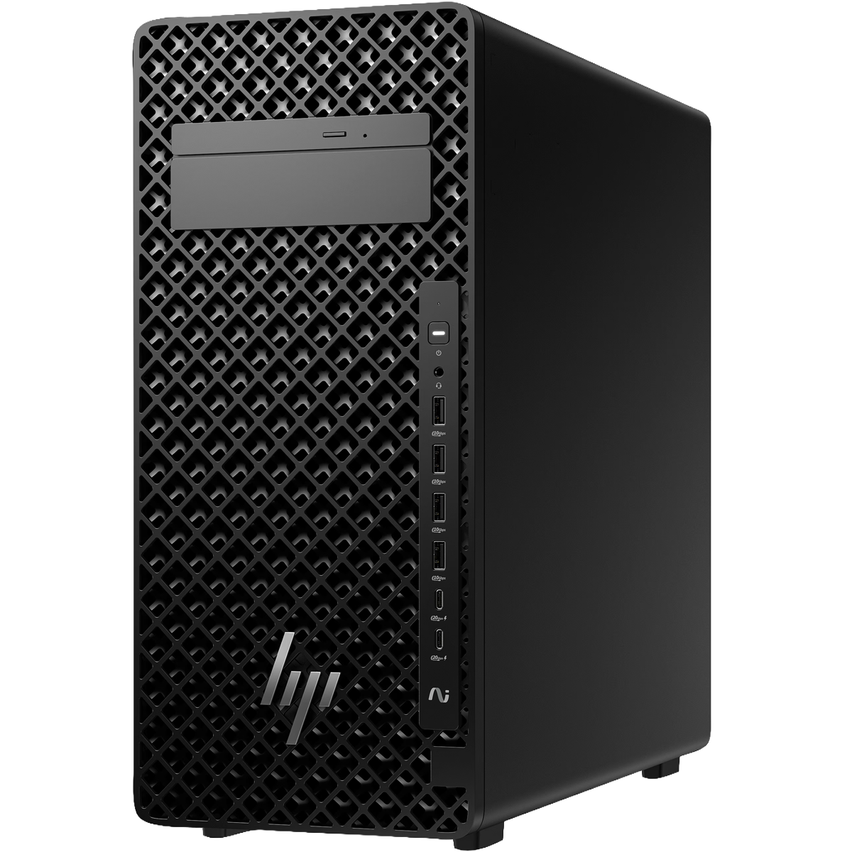 Computer desktop nero con pannello frontale traforato e porte USB.