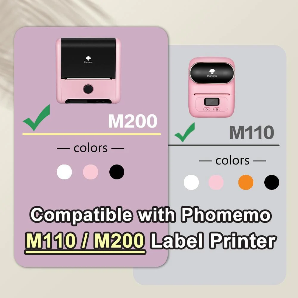 Due stampanti Phomemo rosa, M200 e M110, con opzioni colore.