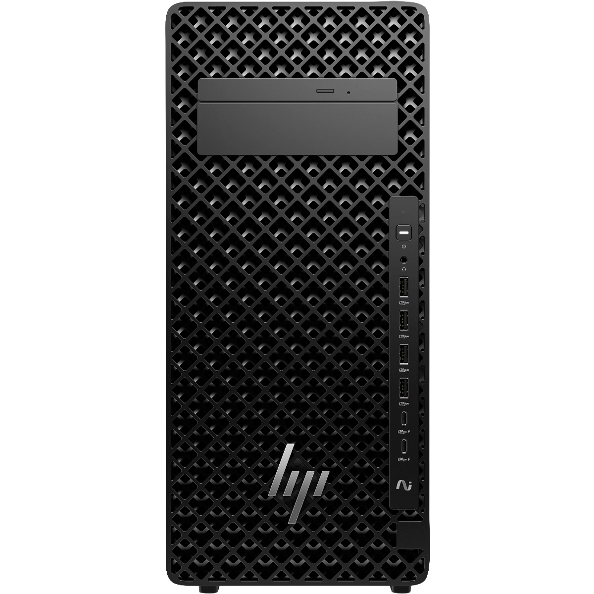 Tower PC HP nero con motivo a griglia e logo argentato.