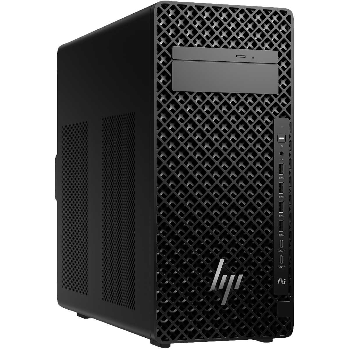 PC tower HP nero con motivo a griglia frontale e logo argentato.
