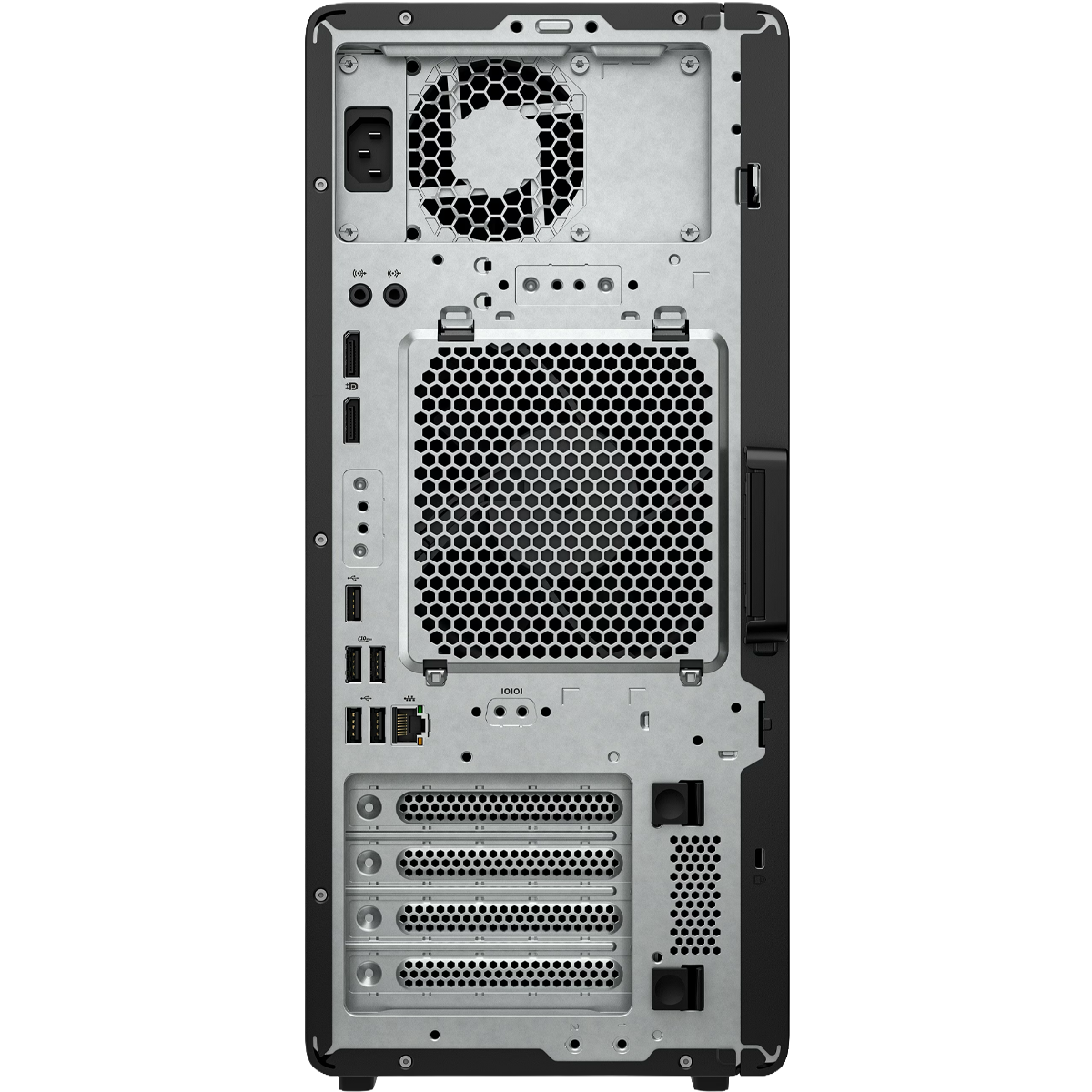 Retro di un PC nero con ventola, porte e slot di espansione.