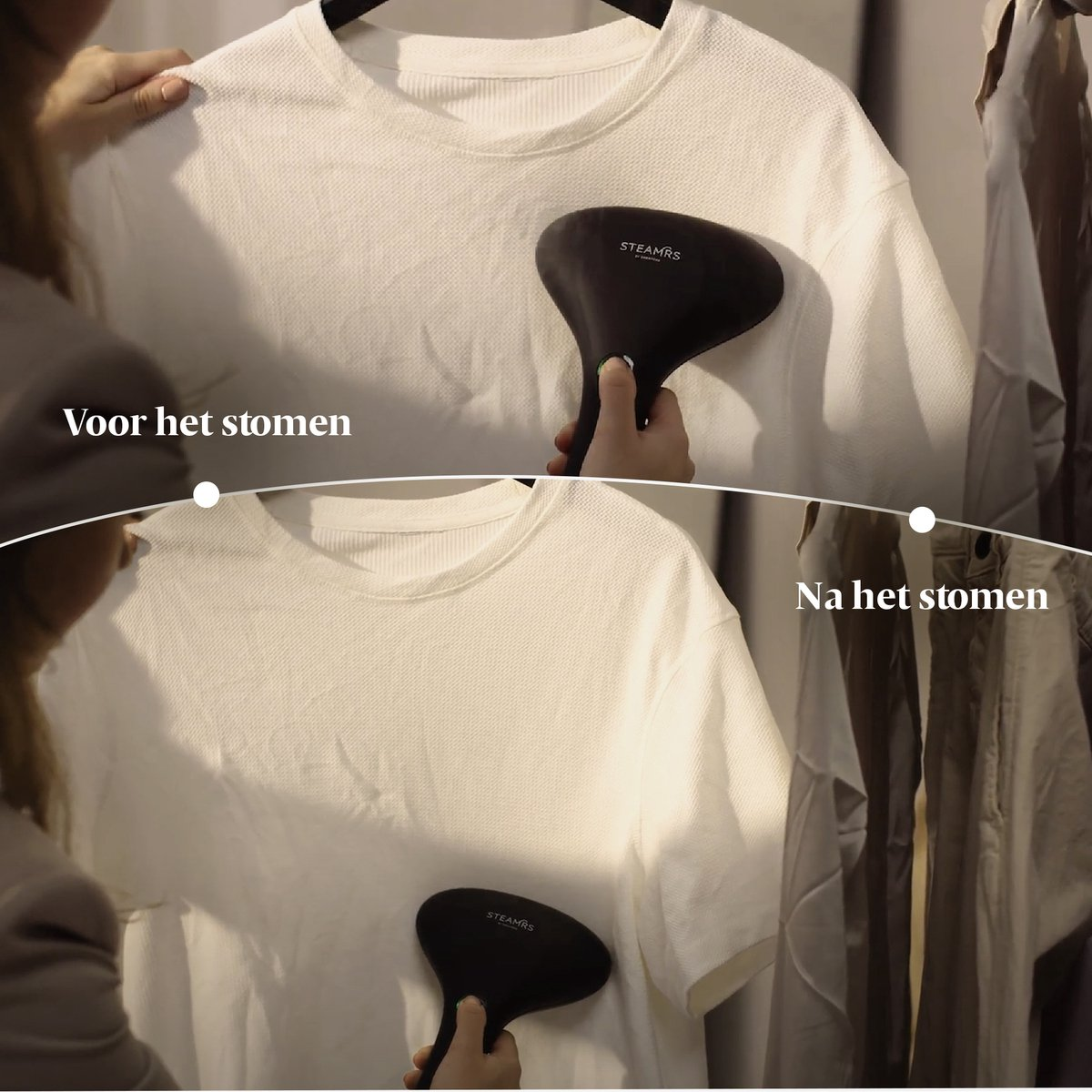 Voor en na: een wit shirt wordt gestoomd.