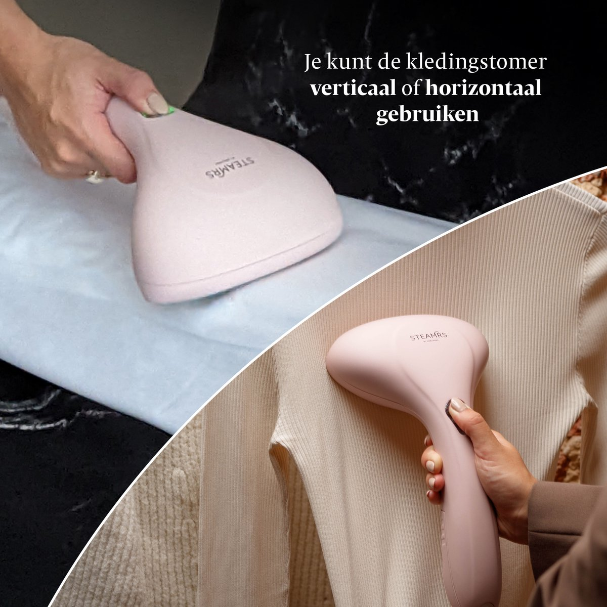 Een roze handstomer wordt gebruikt om kleding verticaal en horizontaal te strijken.