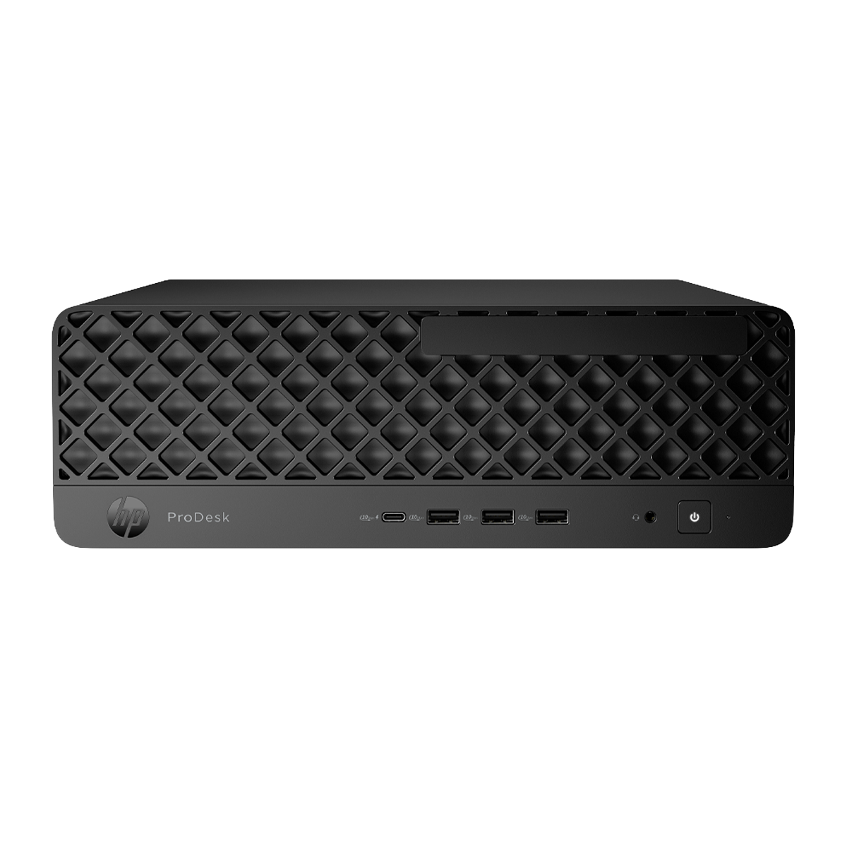 Computer HP ProDesk nero con porte USB e pulsante di accensione.