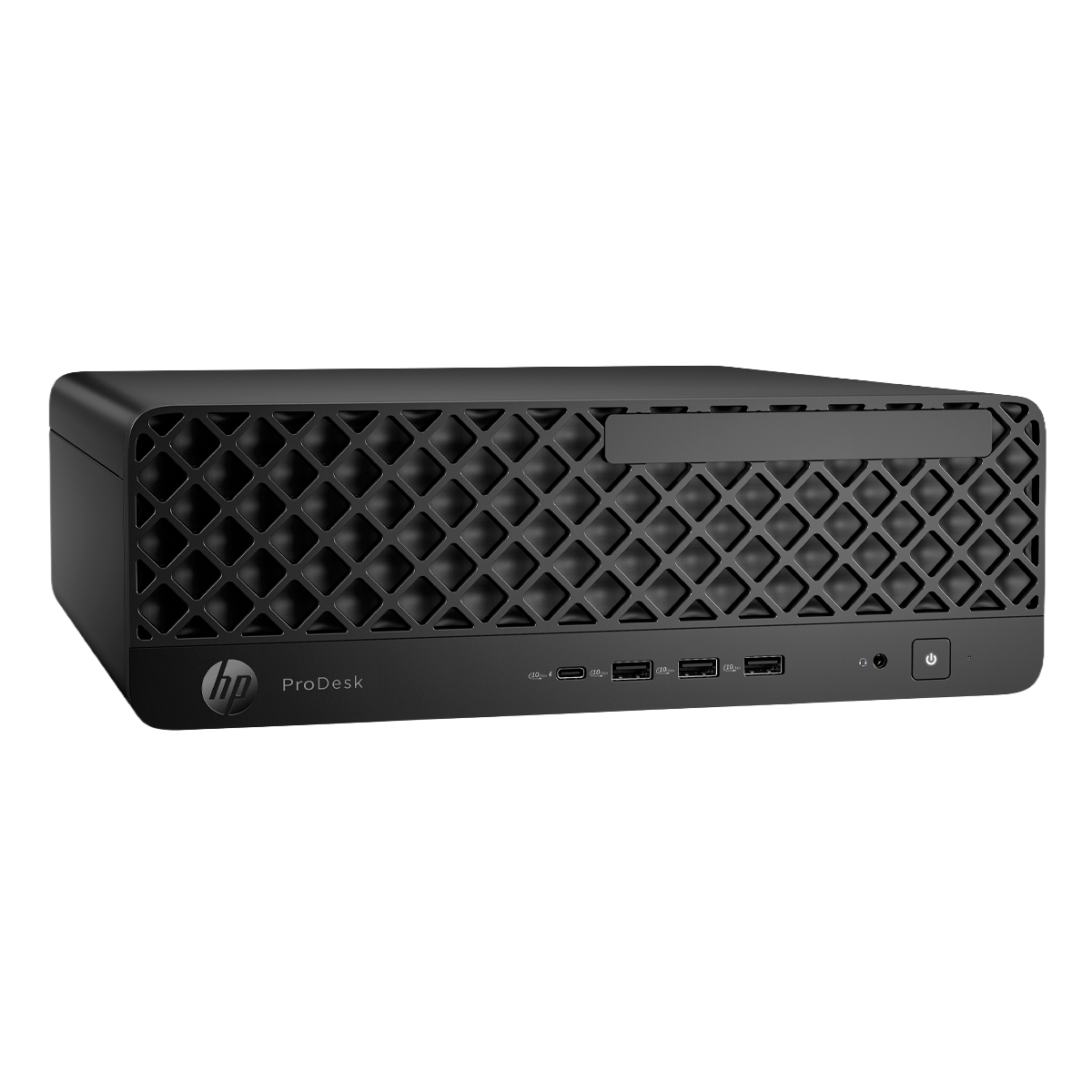 Computer HP ProDesk nero con frontale a nido d'ape e porte.