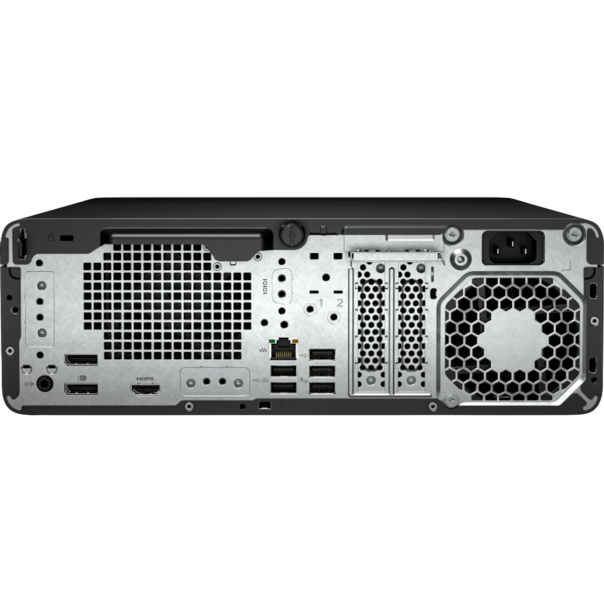 Vista posteriore di un PC nero con porte USB, HDMI, LAN e di alimentazione.