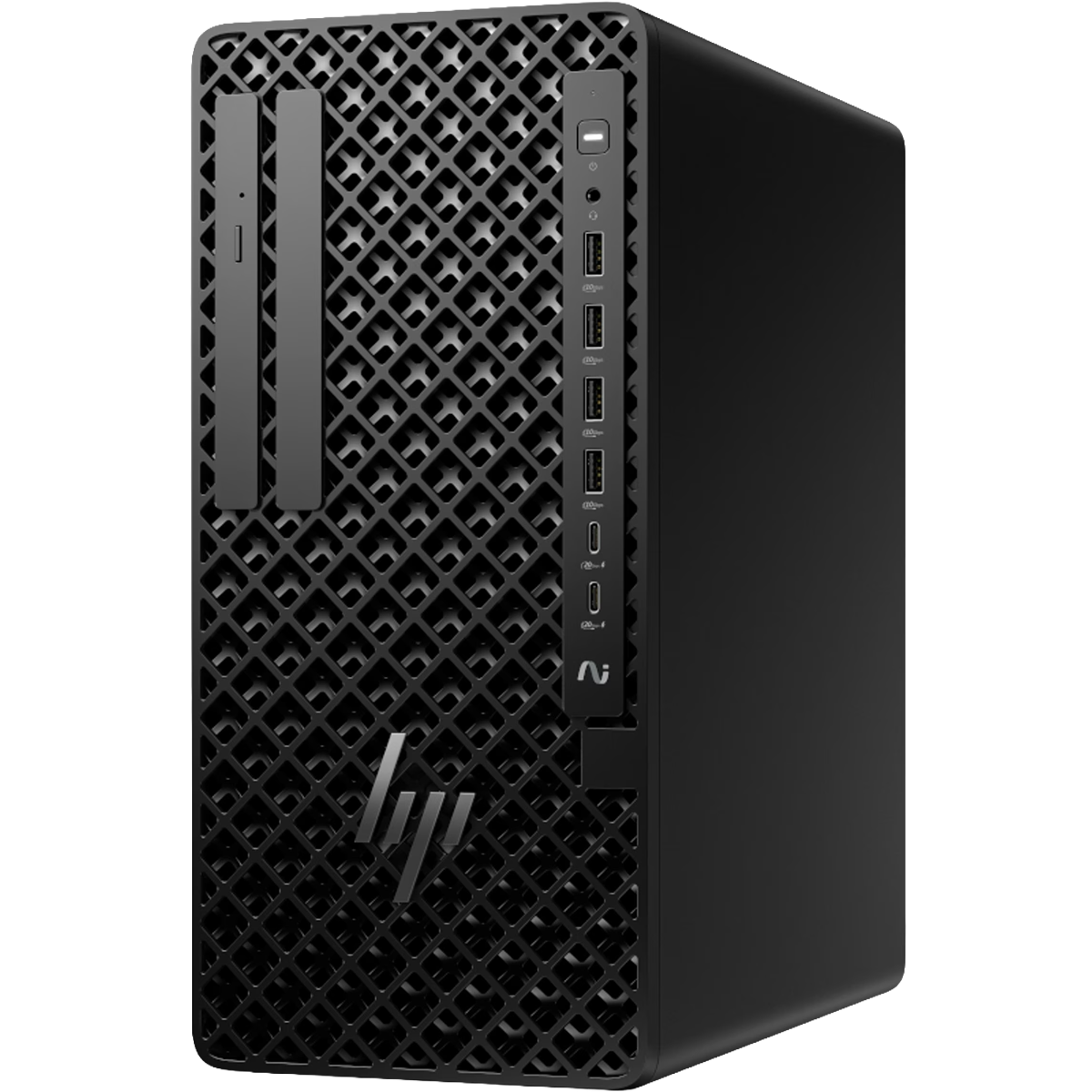 Computer desktop HP nero con frontale a griglia e porte laterali.