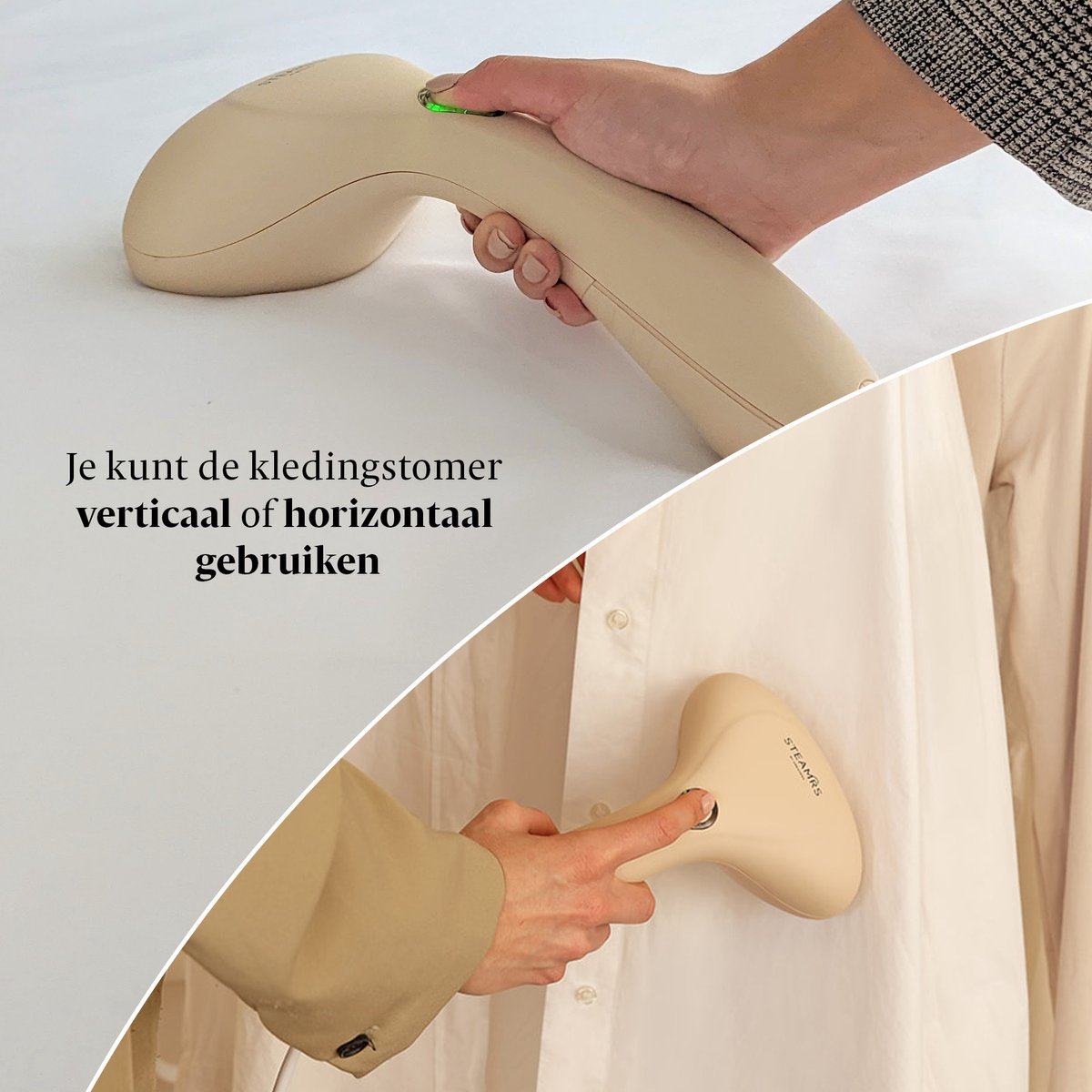 Een hand gebruikt een beige kledingstomer om een wit overhemd te strijken.