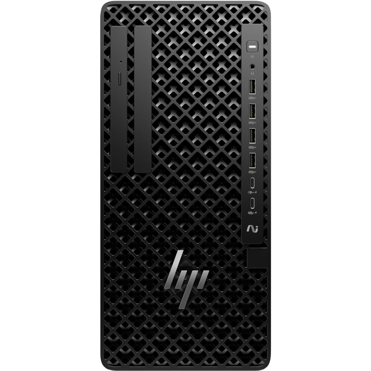 Tower PC HP nero con pannello frontale ventilato e logo argento.