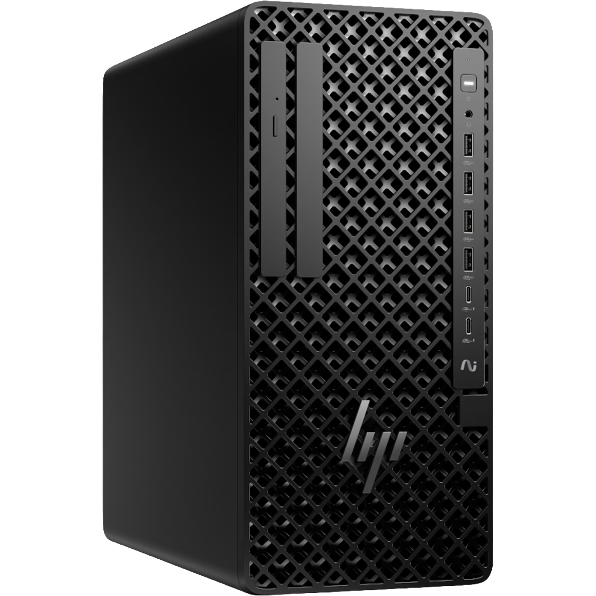 Tower desktop HP nero con porte USB frontali, pulsante di accensione e griglia.