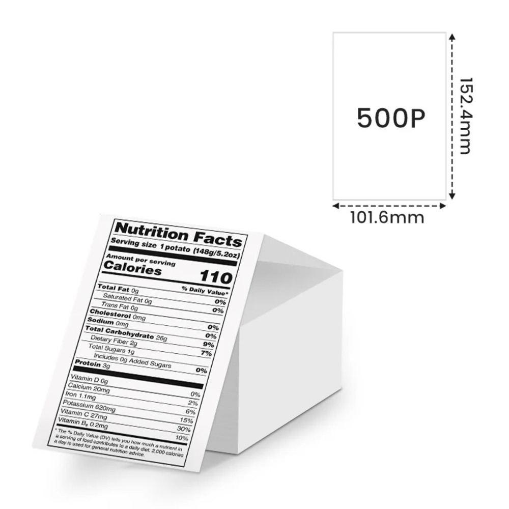 Etichetta nutrizionale per una patata, 110 calorie, dimensioni 101,6 x 152,4 mm.