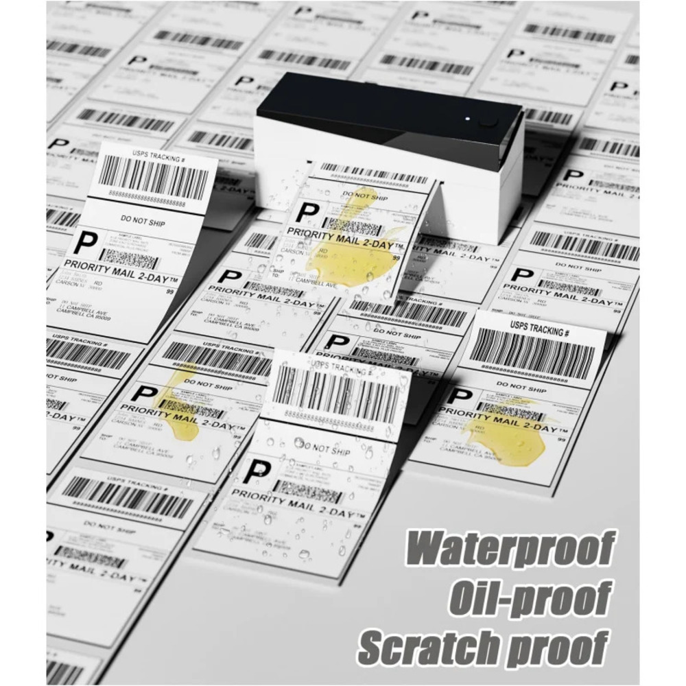Una stampante di etichette stampa più etichette USPS Priority Mail 2-Day.