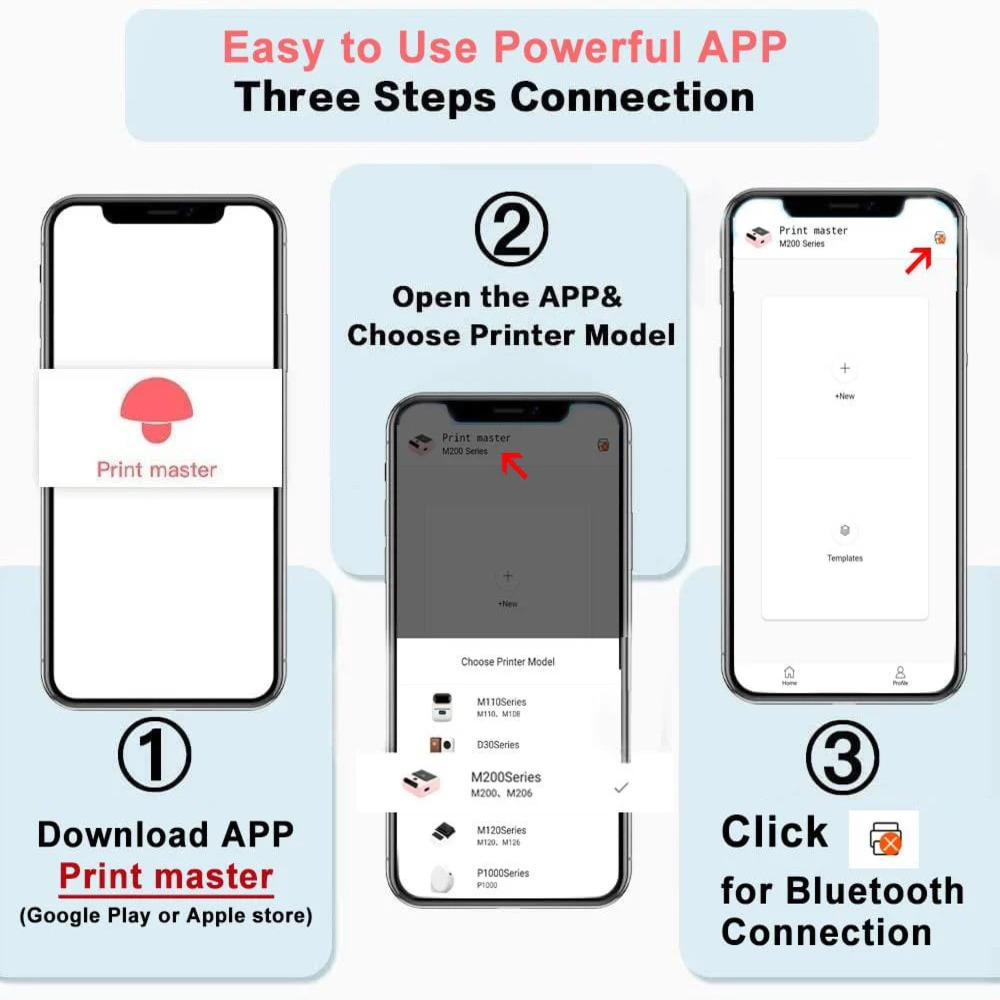 Tre passaggi per connettersi all'app Print Master: Scarica, scegli modello, connetti.