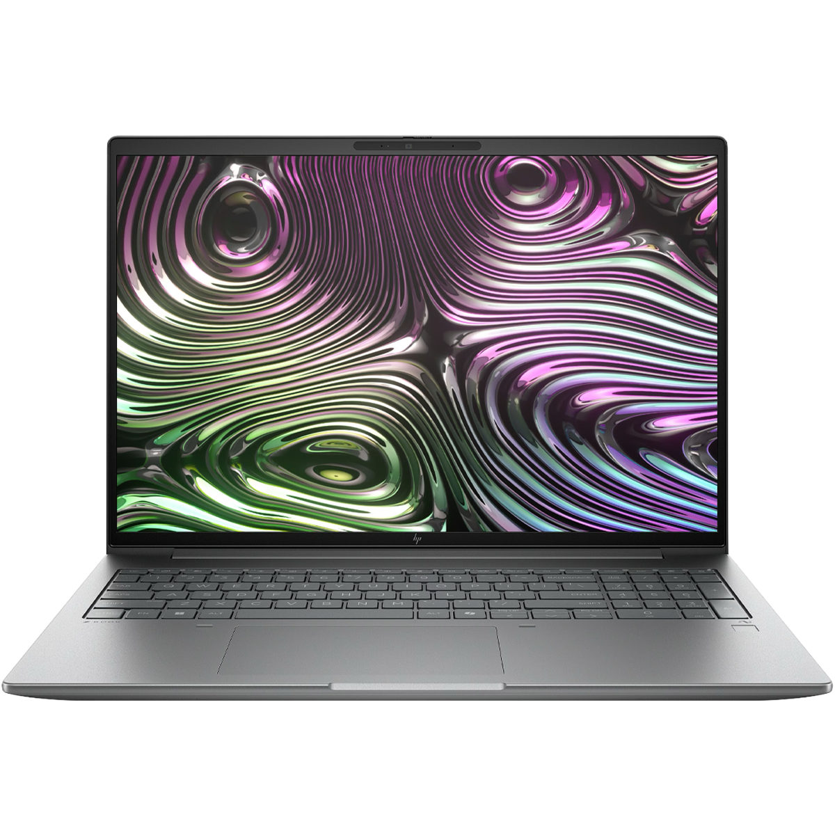 Een zilveren laptop met een kleurrijk, wervelend patroon op het scherm.