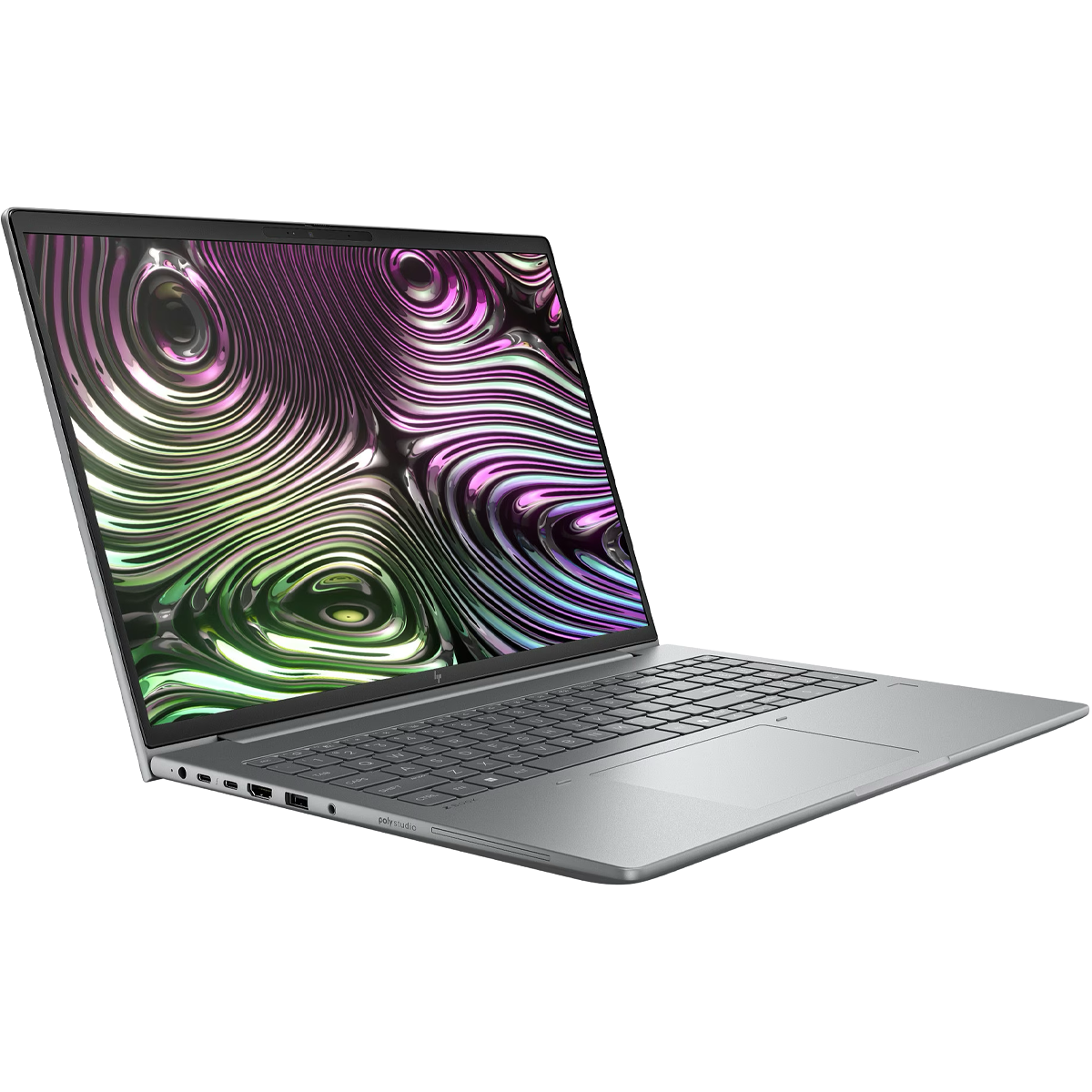 Een zilveren laptop met een kleurrijk, wervelend patroon op het scherm.